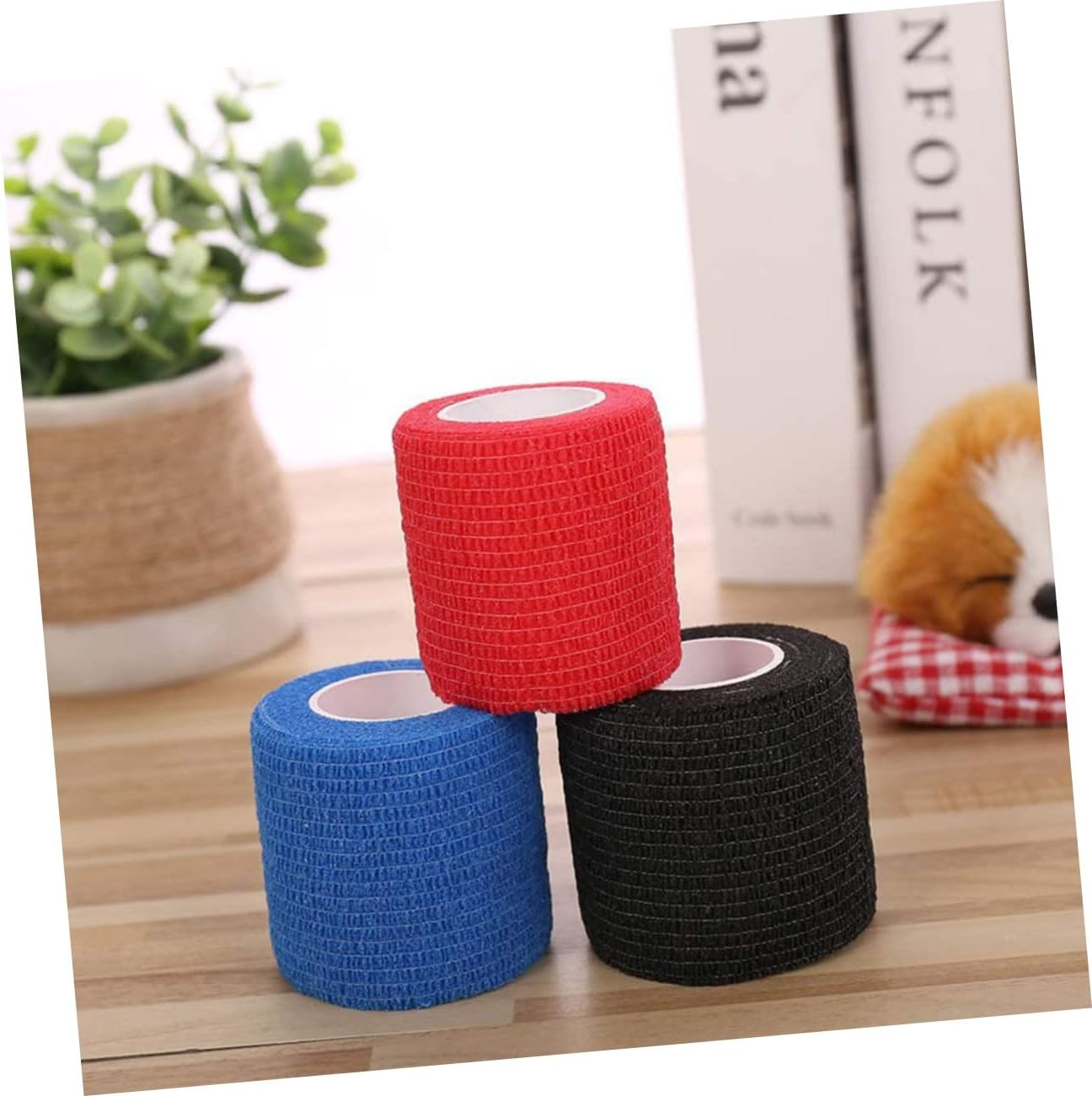 KOMBIUDA 3Pcs Non-Woven Self-Adhesive Elastic Wrap for Pets Compression Tape First Aid 5Cm X 4.5M Black Blue Red image number 4