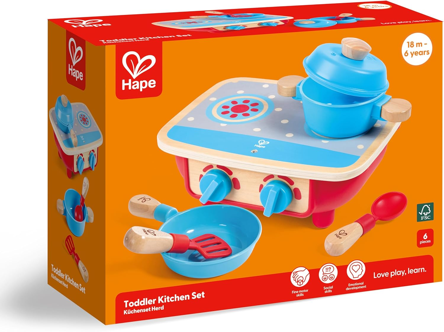 Hape 6Pc Toddler Kitchen Play Set &ndash; Wooden Pretend Cooking Toy with Stove, Pot, Pan & Utensils &ndash; Fun Role-Playing for Kids & Children &ndash; Safe & Durable &ndash; Ages 18M+ - Lebendige Farben image number 6