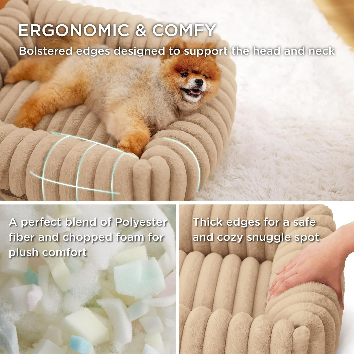 Pet Couch Bed for Small Medium Dogs, Cats - Washable Furry Puppy Beds, Rectangle Orthopedic Corduroy Fleece Pet Beds with Removable Zipper Cover (Beige, 63 X 53 X18 CM) image number 3