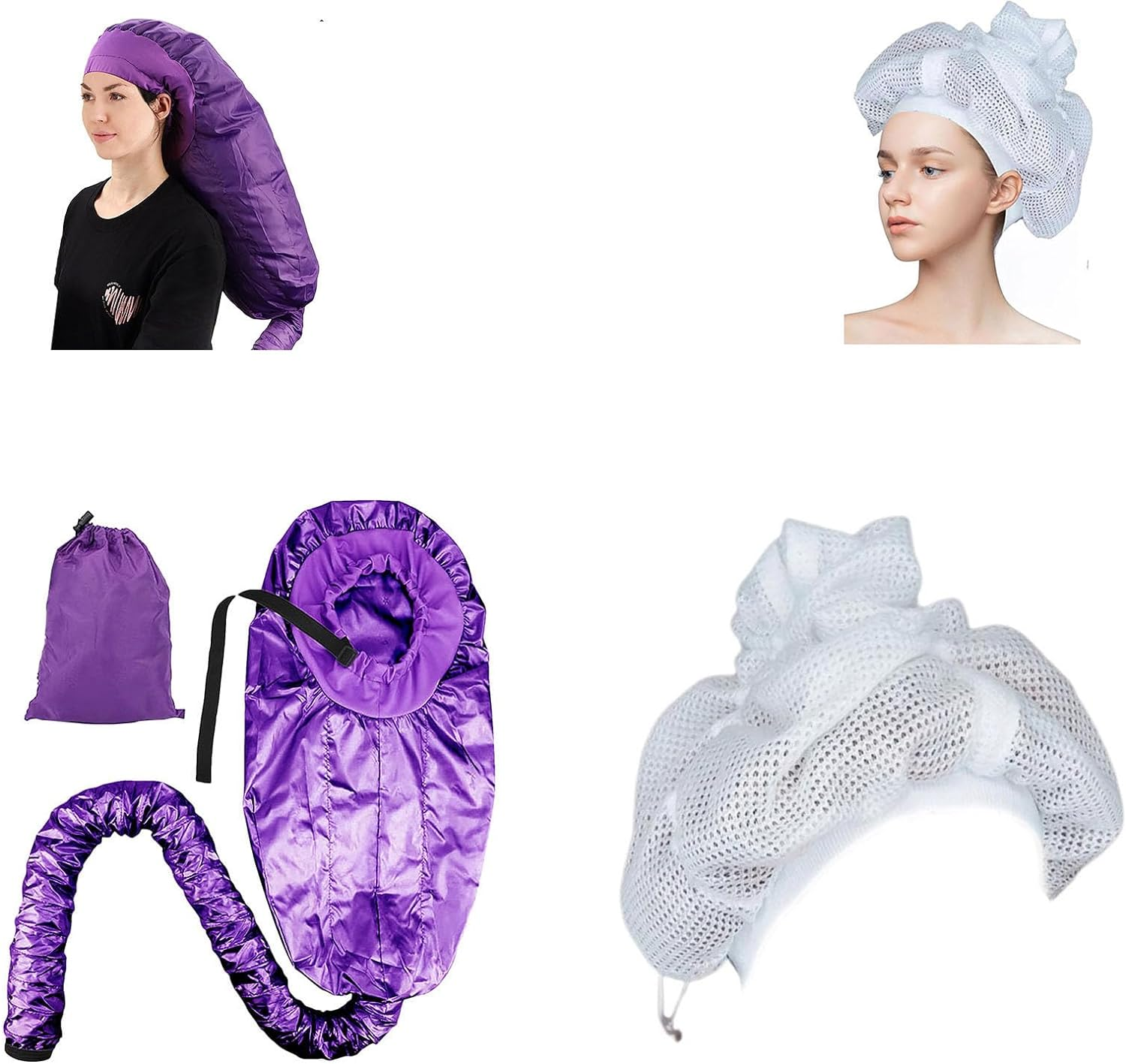 Net Plopping Cap for Drying Curly Hair, 2 in 1 Bonnet Hooded Hair Dryer Attachment, Hair Cap with Drawstring, Adjustable Bonnet for Curly Hair, Reusable Net Plopping Bonnet Set for Women