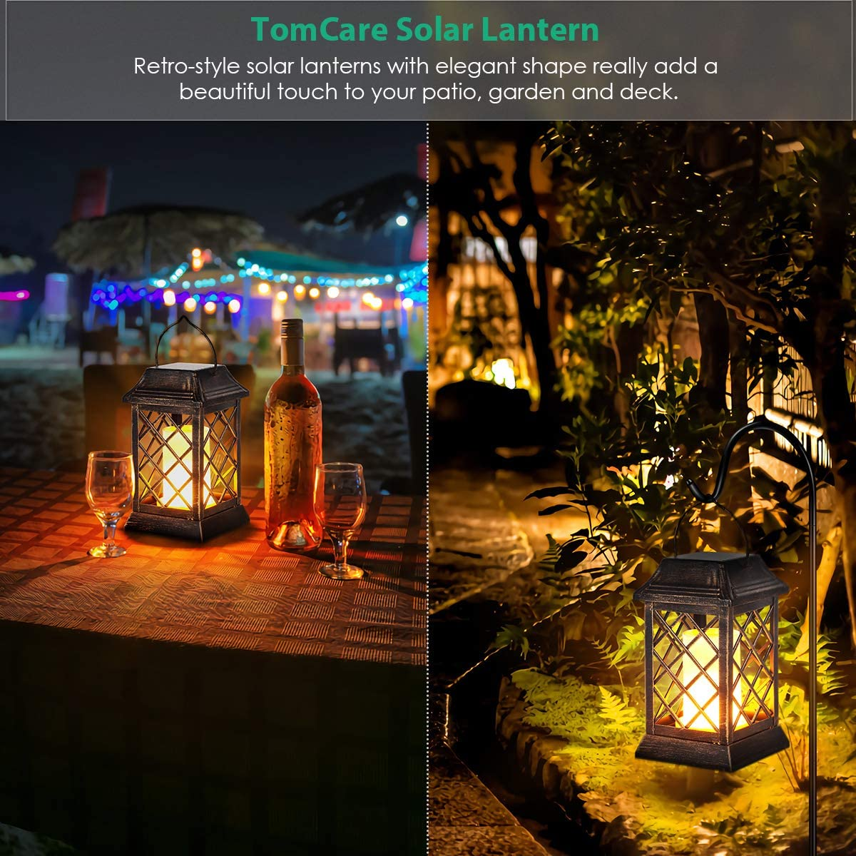 Tomcare Solar Lights Outdoor Flickering Flame Metal Solar Lantern Outdoor Hanging Decorative Lanterns Heavy Duty Waterproof Umbrella Decorations Lighting for Patio Garden Deck Yard, 2 Pack (Bronze)