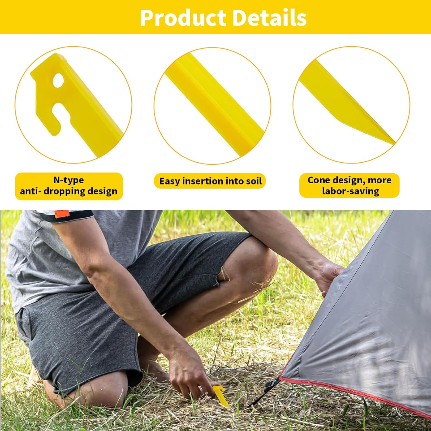 20 PCS Heavy Duty Tent Stakes, 30CM/12INCH Awning Pegs, Canopy Anchoring Pegs, Durable Spike Hook Tent Stakes, Sand Stakes, Camping Caravan Pegs Stakes, Outdoor Camping Beach Spikes Stakes (Yellow) image number 2