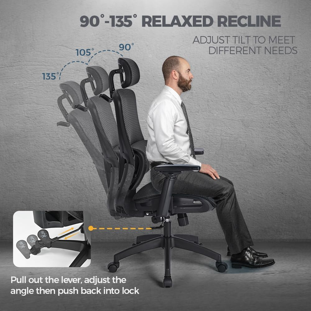 Furb Ergonomic Office Chair with Breathable Mesh, Adjustable Headrest High Back Computer Desk Office Chair for Home Office, Gaming, and Study Black