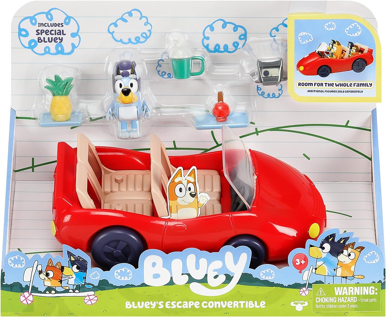 Bluey Vehicle and Figure Pack, Bluey'S Escape Convertible with 6.3Cm Exclusive Bluey Figure, 4 Accessories and Sticker Sheet.