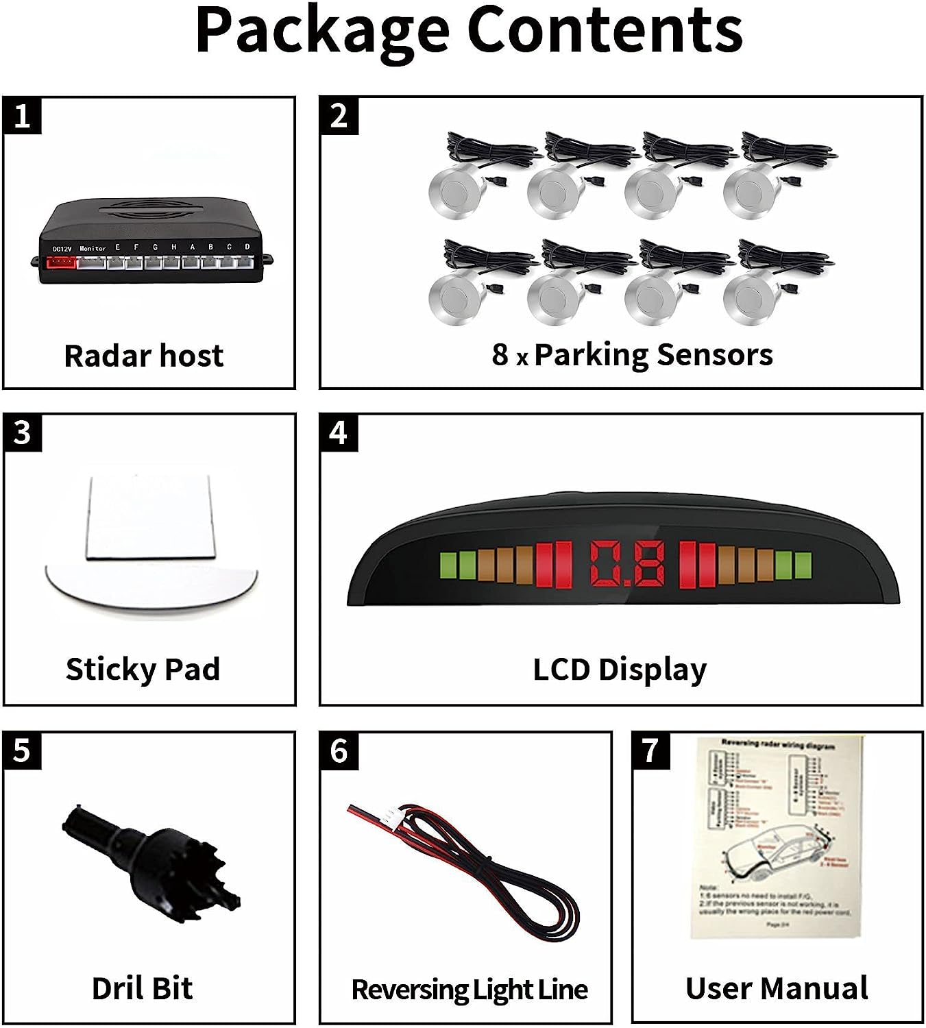 EKYLIN Car Reverse Parking Sensors System with 8 Parking Sensors Distance Detection + LED Distance Display + Sound Warning (Silver Color) image number 5