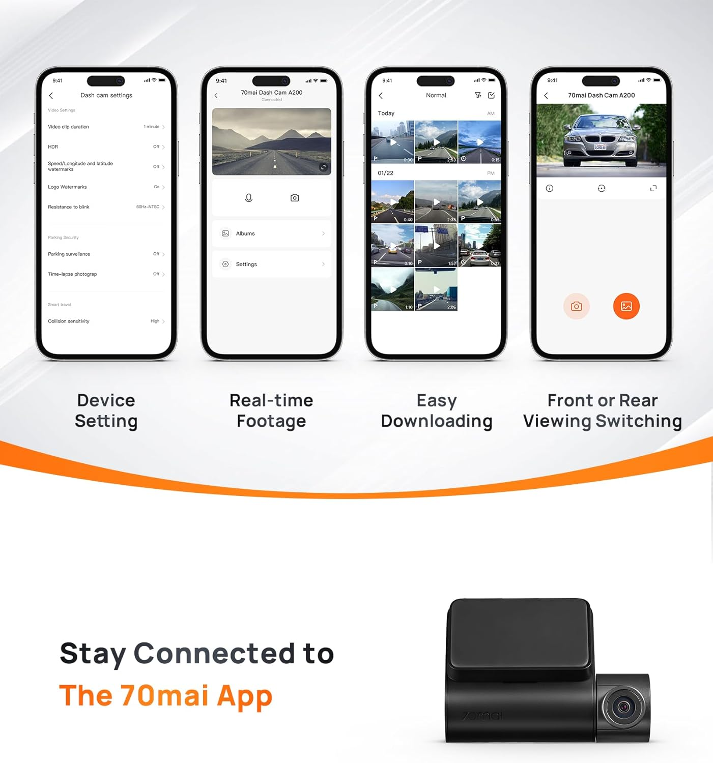 70Mai Smart Dash Cam A200, Front and Rear, Built-In Wifi GPS Smart Dash Camera for Cars, ADAS, HDR, 2'' IPS LCD Screen, Night Vision image number 2