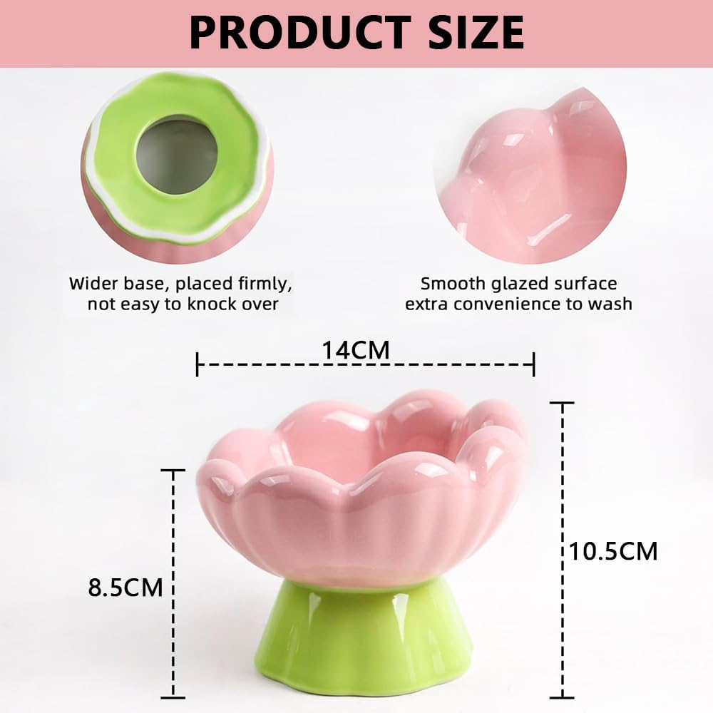 HYAVIA Ceramic Raised Cat Bowl &ndash; Pink Tulip Elevated Cat Dish, 13.5 CM Tall & Tilted, Whisker Friendly, Anti-Vomiting Pet Bowl for Small Indoor Cats & Dogs &ndash; Non-Slip, Cute Flower Design image number 1