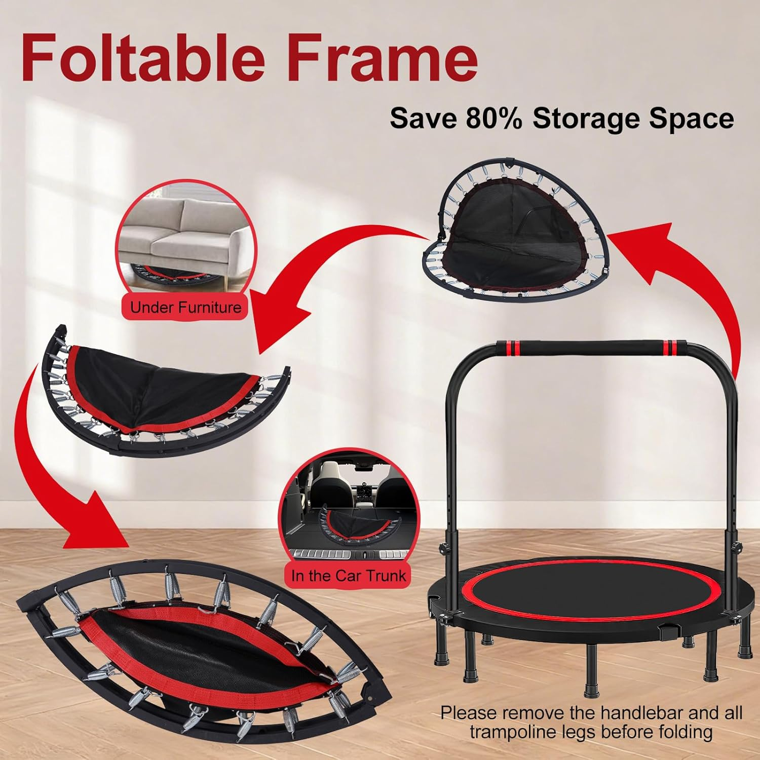 48" Foldable Mini Trampoline Rebounder, Fitness Trampolines with Adjustable Foam Handle, Thick Steel Spring Exercise Rebounder Trampoline for Adults Indoor Outdoor Workouts Max Load 300KG image number 1