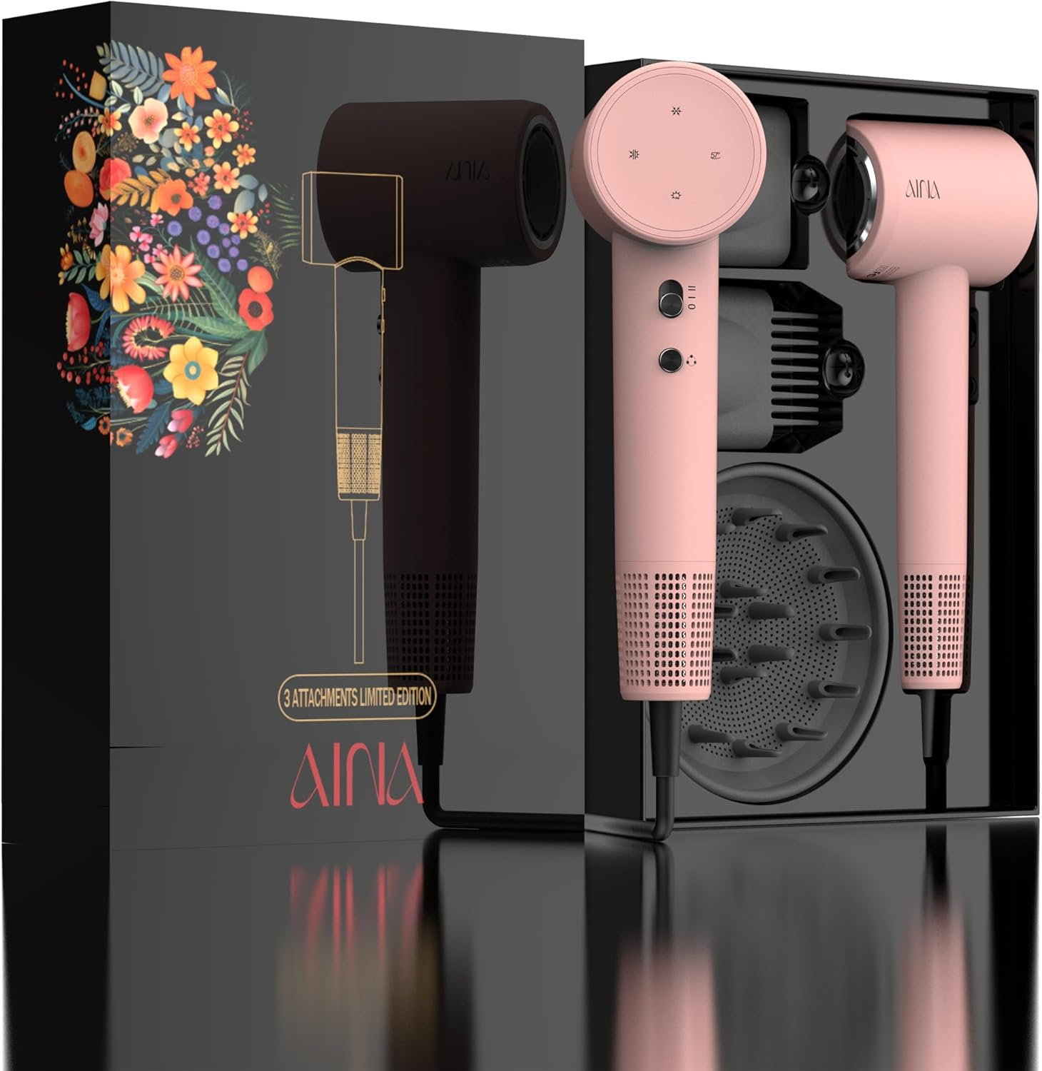 AINA Hair Dryer, Blow Dryer with Diffuser Brush Comb for Women - BLDC Hair Dryer - Brushless Motor, 110,000 RPM Lightweight, Ionic Travel, 3 Magnetic Attachments(Pink) image number 3