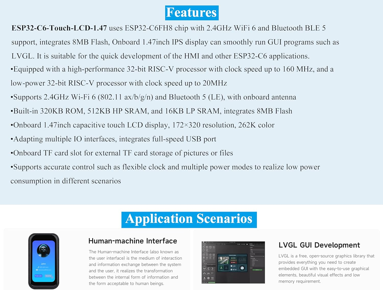 ESP32-C6 1.47Inch Touch Display Development Board, 172X320 Resolution IPS LCD, 262K Display Color, Supports W-F-I 6 / BLE 5, 160Mhz RISC-V Processor, Type-C, Suitable for Aiot Applications image number 5