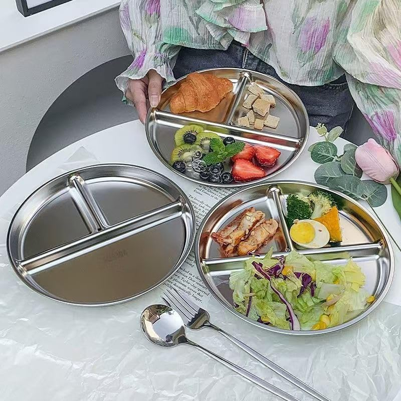 Stainless Steel Plates 5 Packs, Portion Control Platter with 3-Compartment, Unbreakable Dinner Plates, Divided Food Tray Stainless Steel Plate for Adults Kids, Camping, Lunch and Dinner image number 2