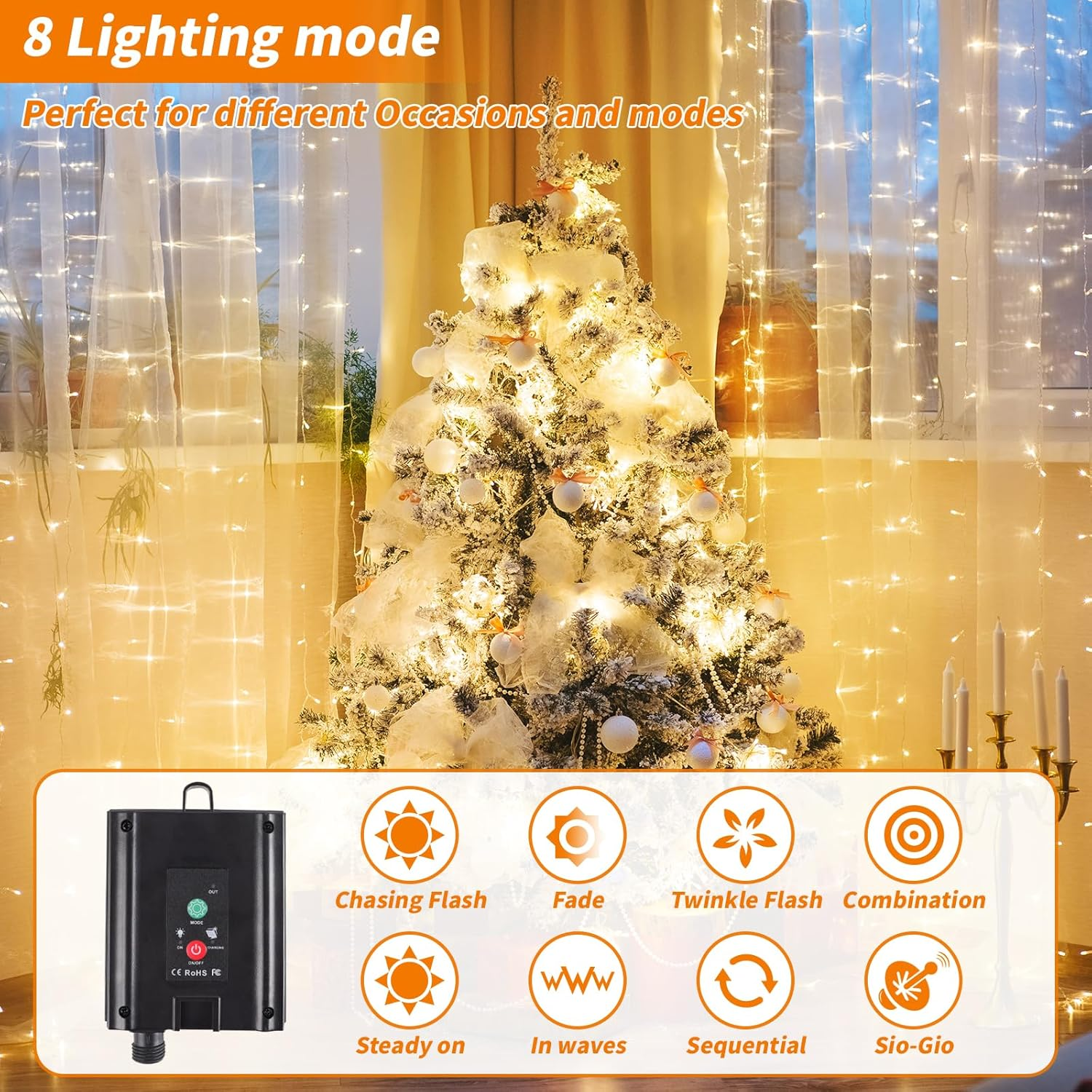 Solar Powered 20M 200LED Outdoor String Lights Waterproof IP65 with 8 Modes Warm White Fairy Light for Garden Patio Decoration Auto On/Off image number 3