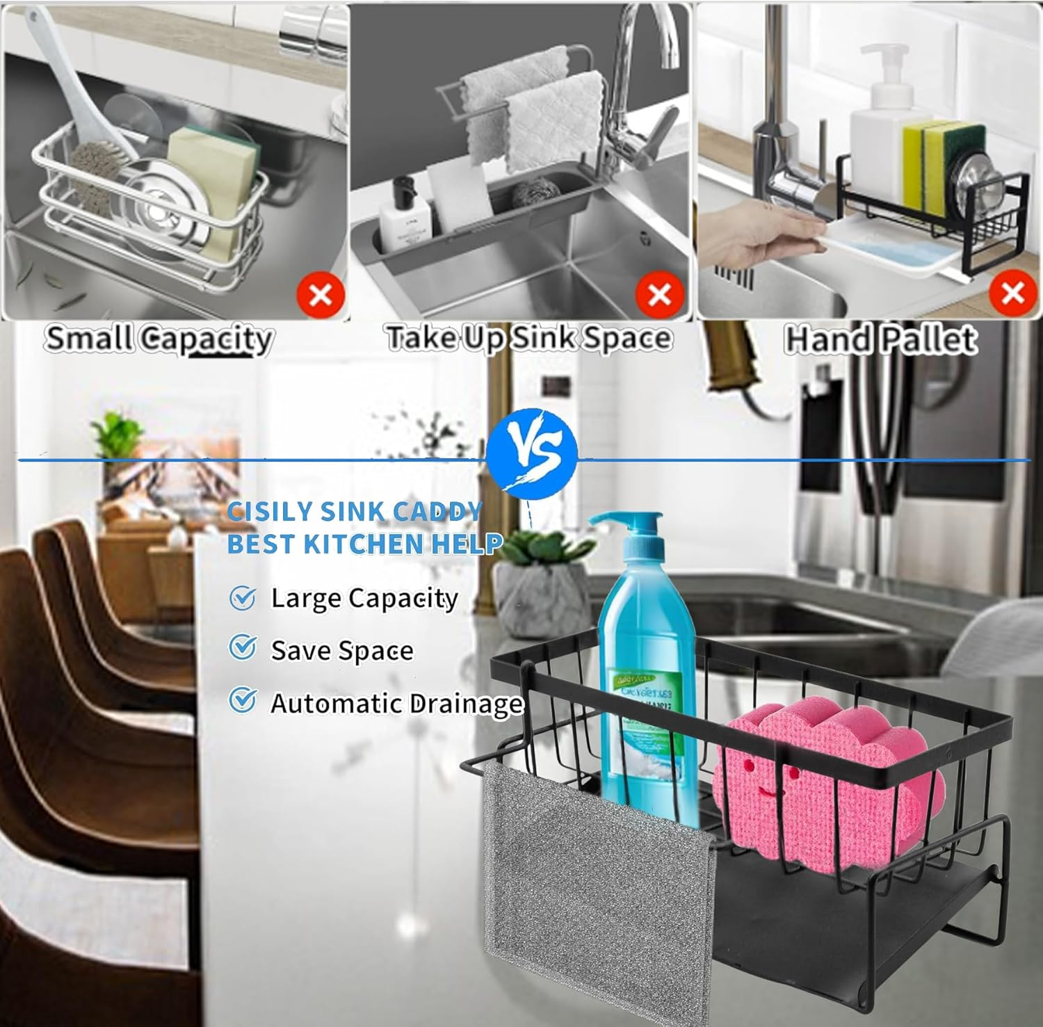 Stainless Steel Sink Organizer, Auto-Drain Kitchen Sink Caddy, Countertop Mount, Dishware, Black image number 3