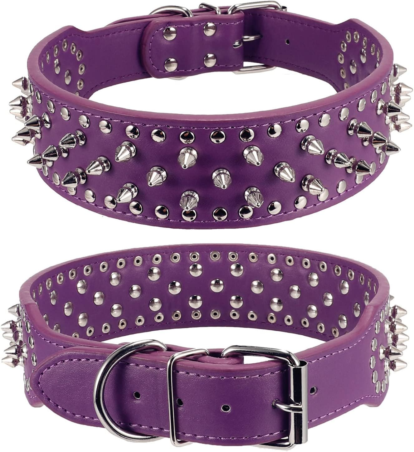 Hoot PU Leather Adjustable Spiked Studded Dog Collar 2" Wide 31 Spikes 52 Studs (S(Neck 17"-20"), Purple) image number 3