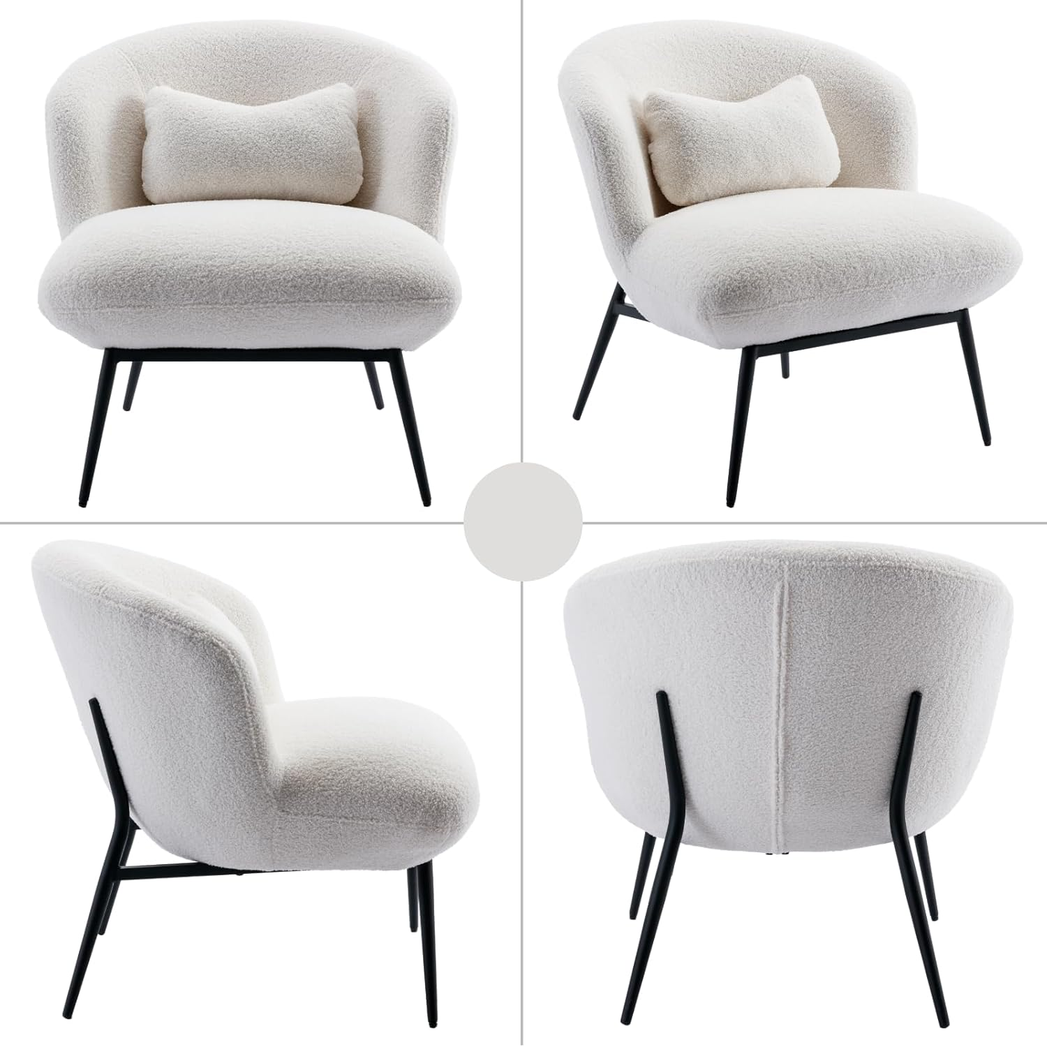 Modern Accent Chair, Upholstered Sherpa Fabric Side Chair Guest Chair with Small Pillow Black Metal Legs, Comfy Lounge Chair for Living Room Bedroom, White image number 1