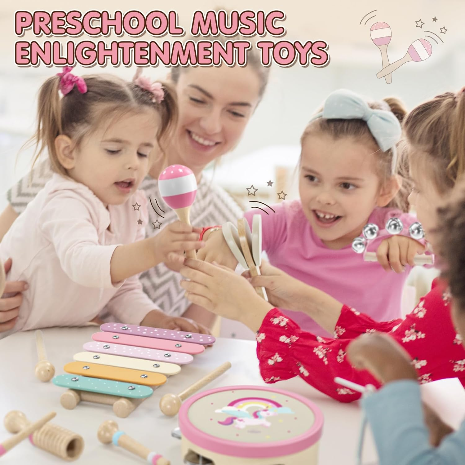 Lehoo Castle Wooden Montessori Musical Instruments Set, Toddler Toys with Xylophone, Tambourine, Drum, Clarinet, Hand Bells, Unicorn Theme image number 4