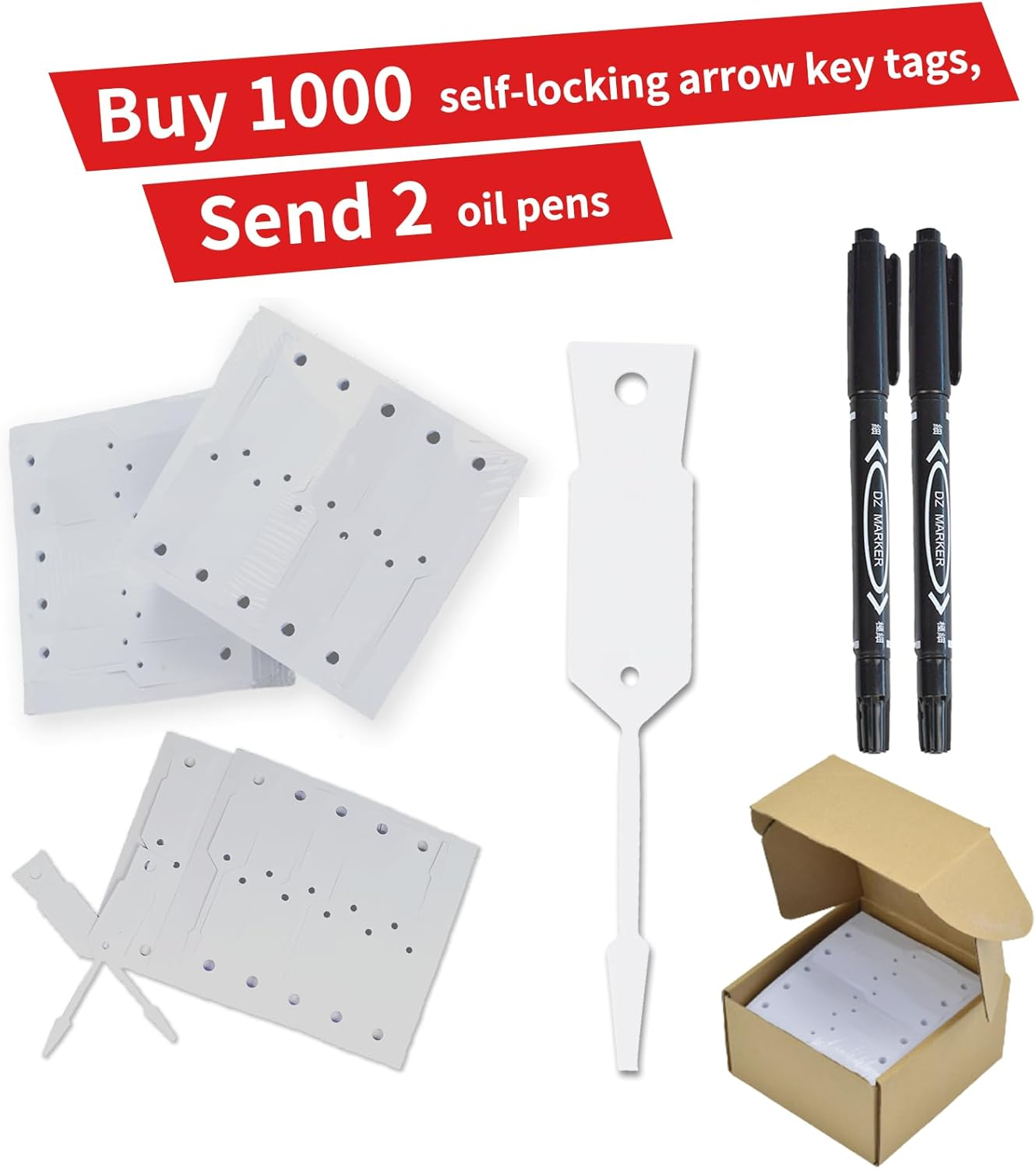 N.Gracia 1000 Pieces Self Locking Arrow Key Tags Car Key Labels Self Lock Key Identifierscar Parts Tags with 2Pcs Oil-Based Black Pens for Office Automotive Shop Supplies, 4 1/2" X 3/4" (White) image number 5