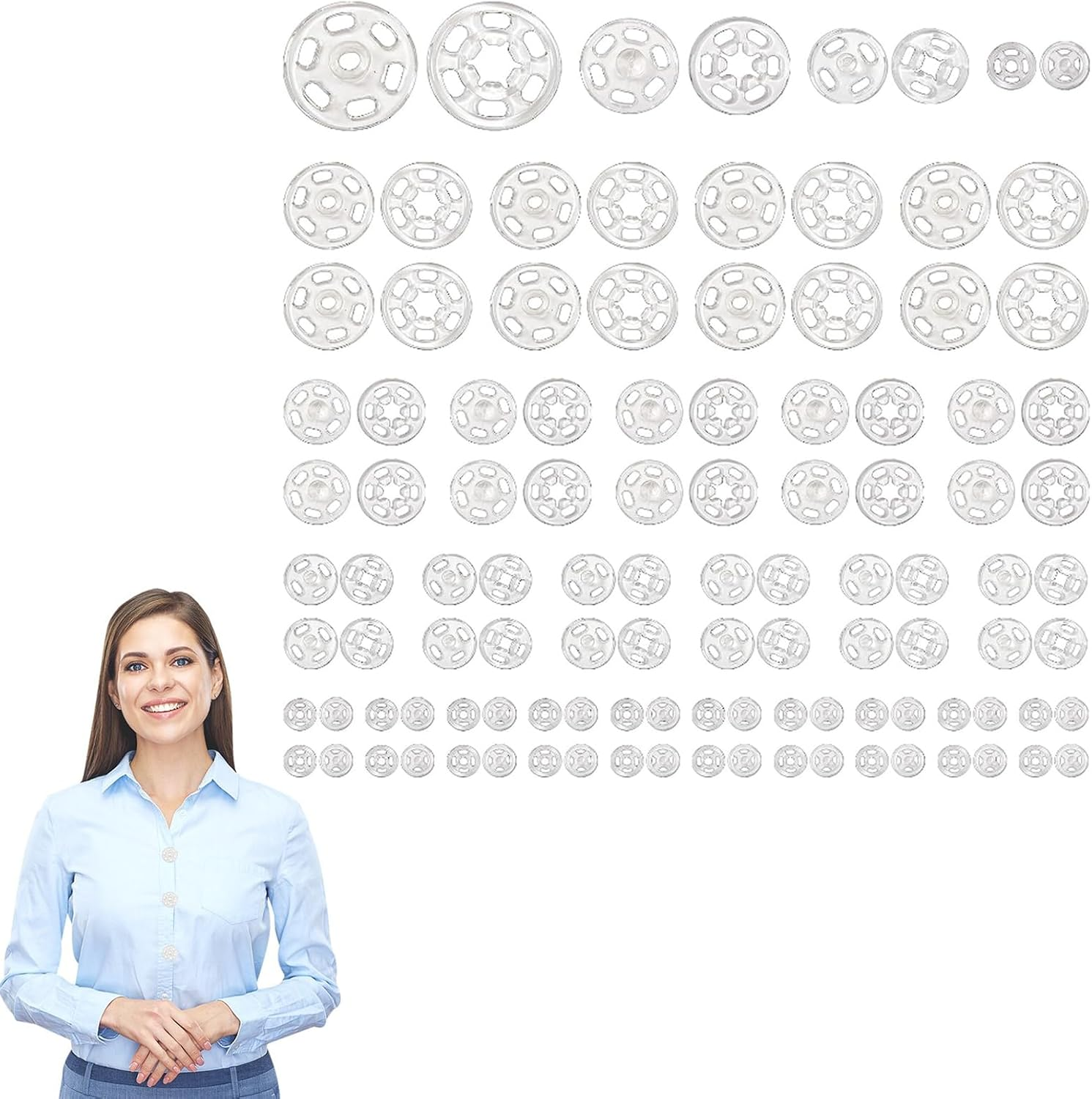 100 Sets Plastic Snap Fasteners Buttons Plastic Snaps Buttons Sew-On Snap Buttons Press Studs Snap Fasteners Transparent Buttons for Purse Handbag Clotheing Craft Supplies (7 Mm,12 Mm,15 Mm,21 Mm) image number 5