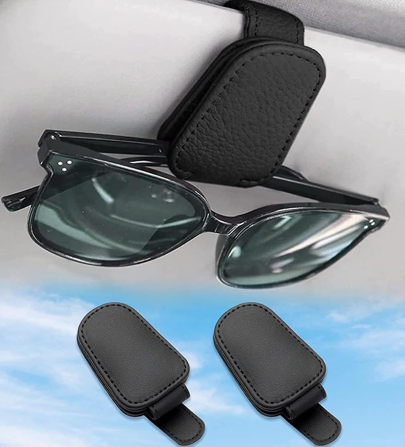 2 PCS Sunglasses Holders for Car Visor, Car Glasses Holder, Magnetic Leather Glasses Eyeglass Hanger Clip for Car, Ticket Card Clip Eyeglasses Mount image number 3