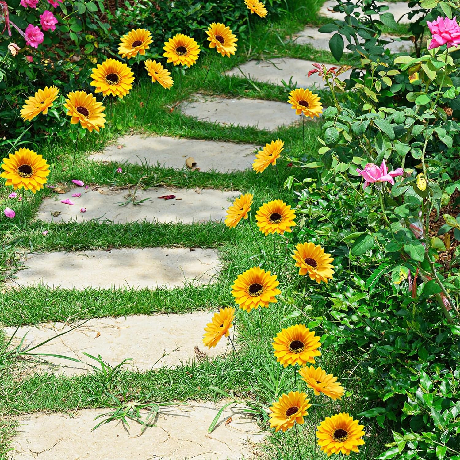 Alipis Metal Sunflower Stake, 5Pcs Rust Proof Yellow Silk Cloth Daisy Flower Stick Large Flower Yard Art Garden Decor for Outdoor Lawn Landscape image number 6