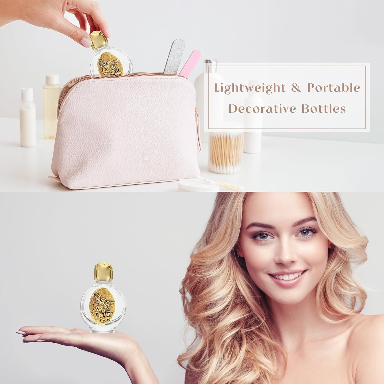 12 Pcs Embossed Holy Water Bottles 0.5 Floz Glass Water Bottle Portable Holy Water Container Church Blessing Decorations Bottles for Home Wedding Baptism Party Favors(Gold，Angel) image number 2