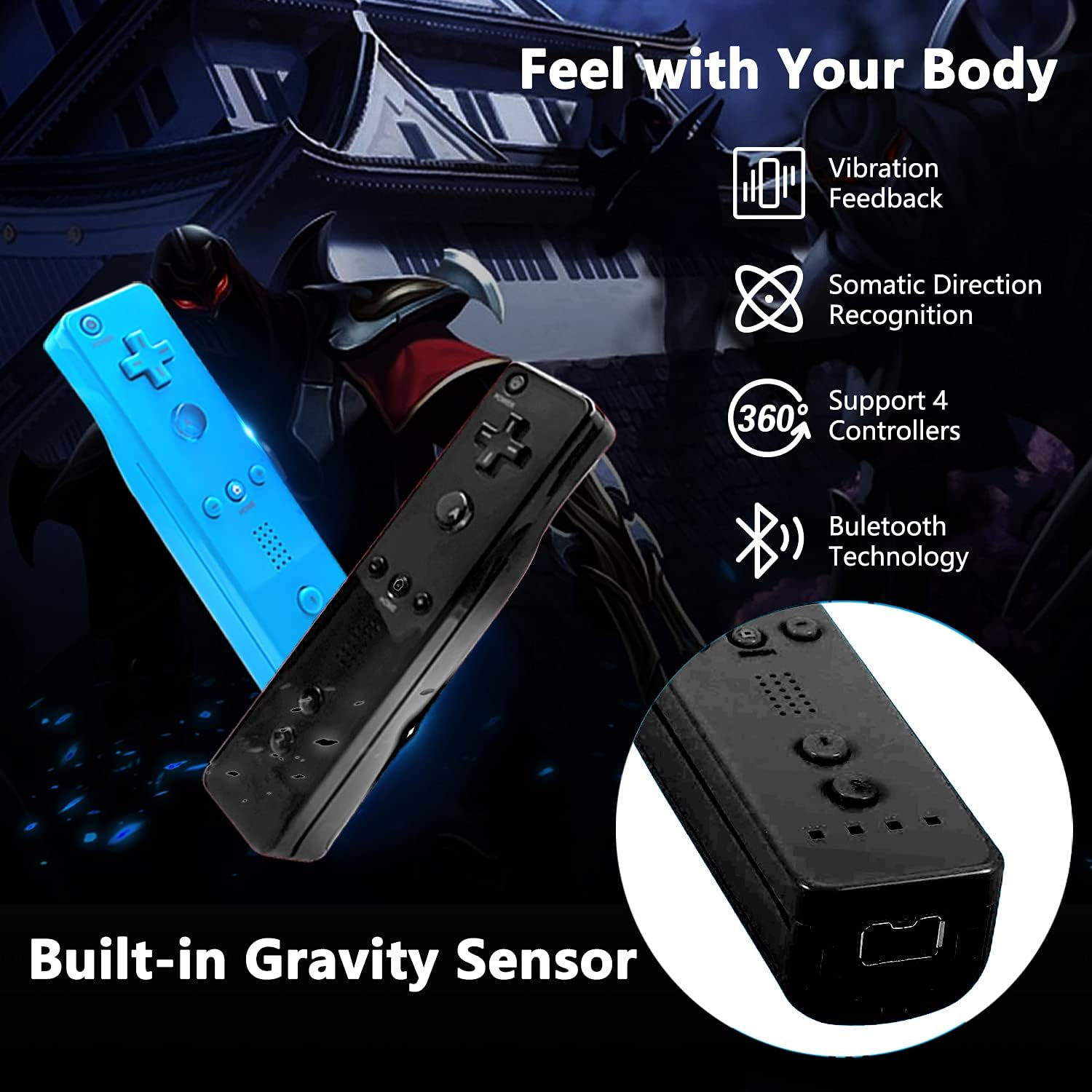 Yosikr Remote Wireless Controller Compatible for Nintendo Wii/Wii U Console - with Silicone Case and Wrist Strap (2 Pack Blue and Black) - Black And Blue image number 4