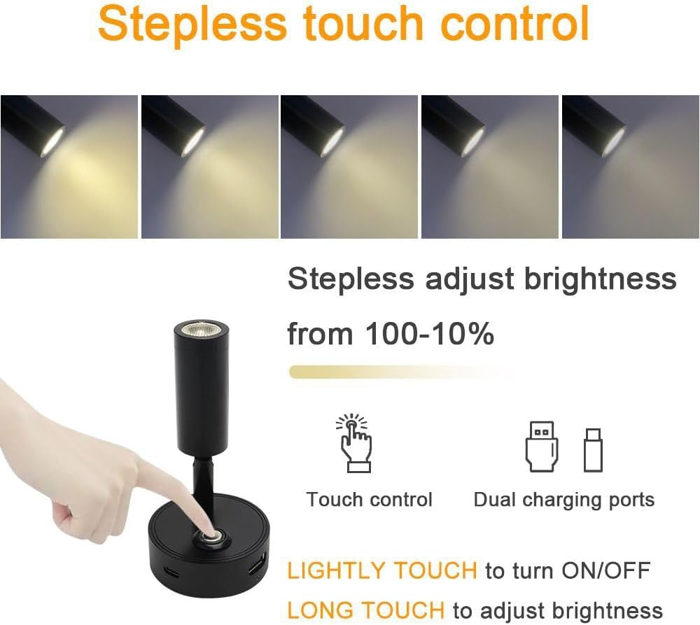 12V LED RV Reading Light with Dual Charging Ports, 3CCT Touch Control Dimmable RV Interior 12V Bedside Light Fixture Spotlight for Motor-House Camper Caravan Vehicle Vessel Boat Yacht (Black)