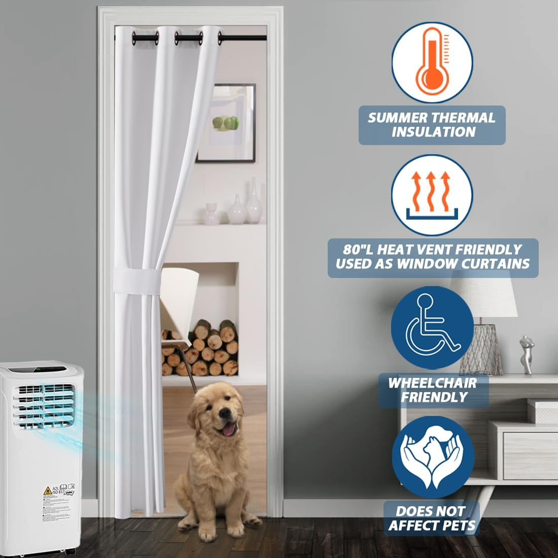 SHINELAND 34 X 80 Screen Door for Doorway,Faux Accordion Bifold Like,Grommet Ring Top Keep Heat Ruffle Blackout Door Blinds for Narrow Doors,Pure White image number 3