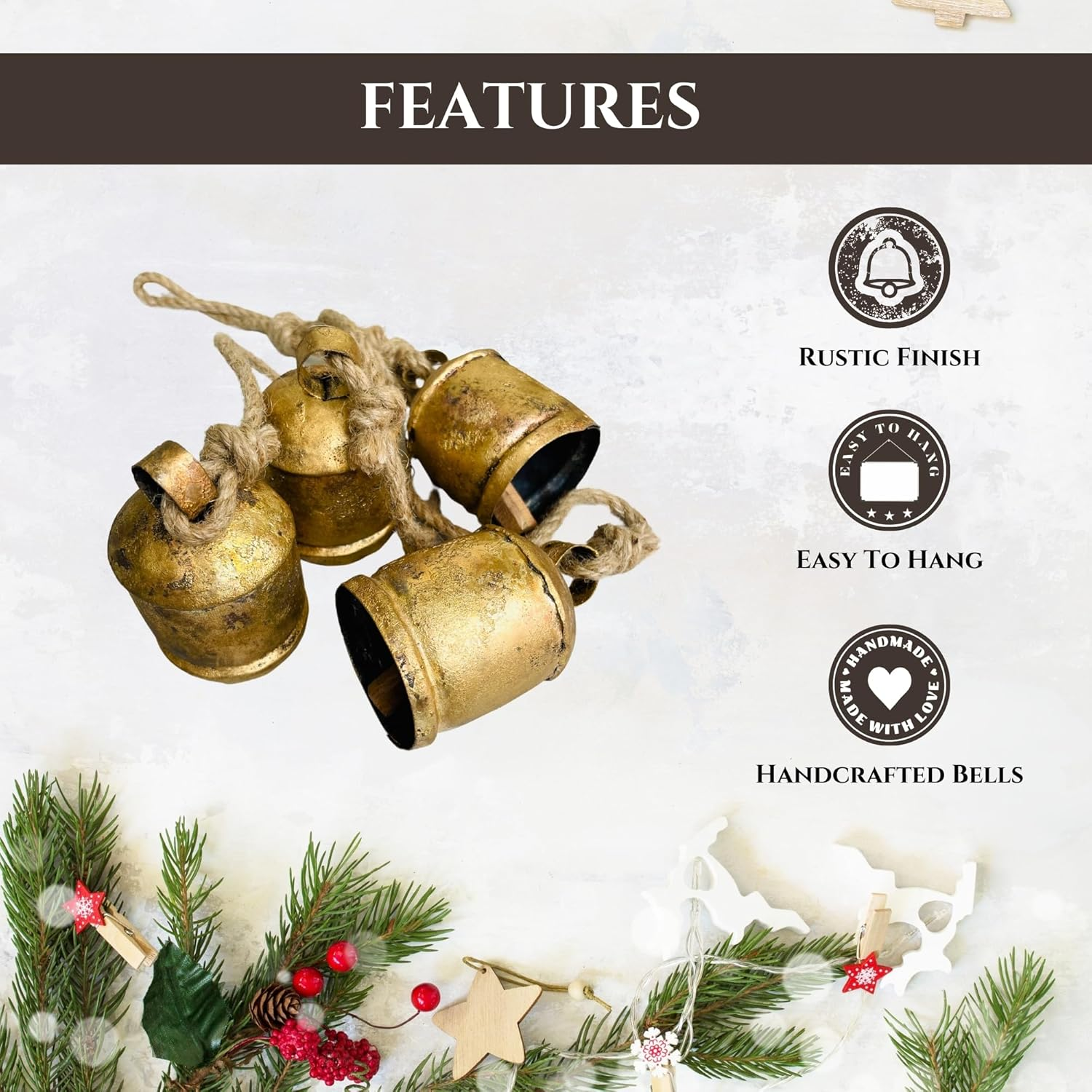 Mie Creation 4 Rustic Bells Cluster, Vintage Christmas Cow Bells on Jute Rope, Handmade Metal Wall Hanging Decor, Iron Cowbells, Christmas Decorations Ornaments for Holidays- Antique Gold 30 Inch image number 1