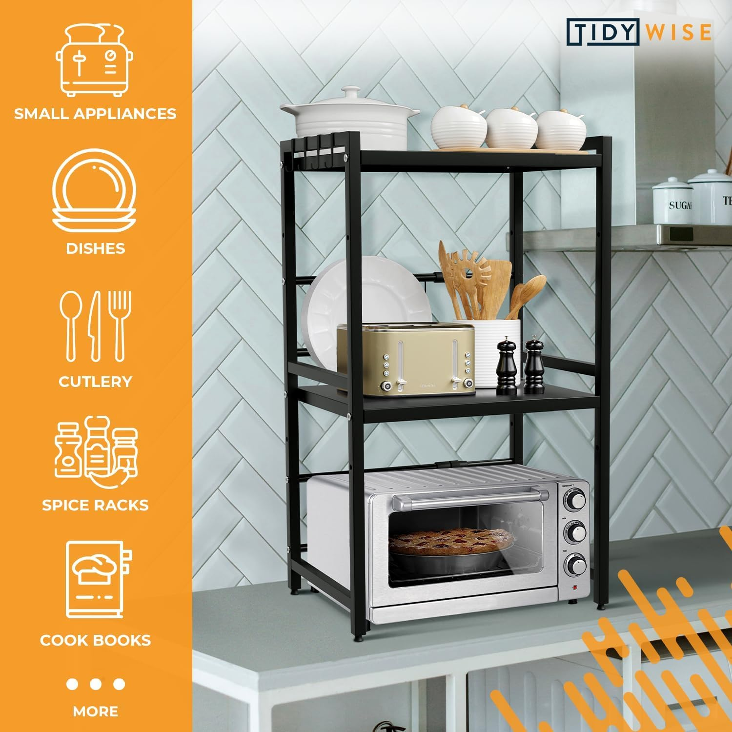 Expandable Microwave Oven Rack, 2 Tier Kitchen Countertop Shelf, Large Stand with Cutting Board Holder, 6 Hooks, Adjustable (Black-3 Tier) - White-2 Tier image number 2
