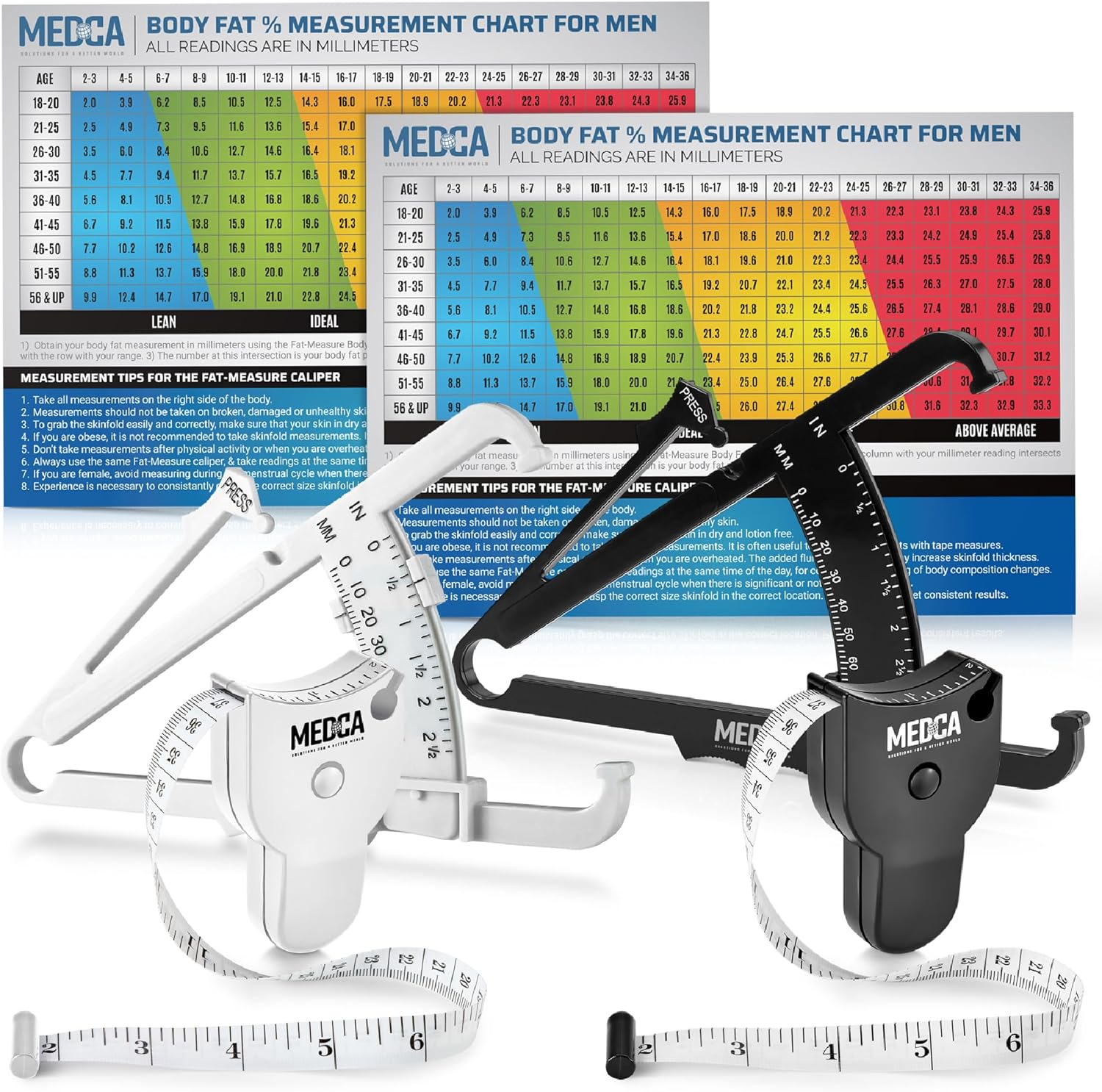 Body Fat Caliper and Measuring Tape for Body - Skinfold Calipers and Body Fat Tape Measure Tool for Accurately Measuring BMI Skin Fold Fitness and Weight-Loss - New Upgraded Design (White) &hellip;