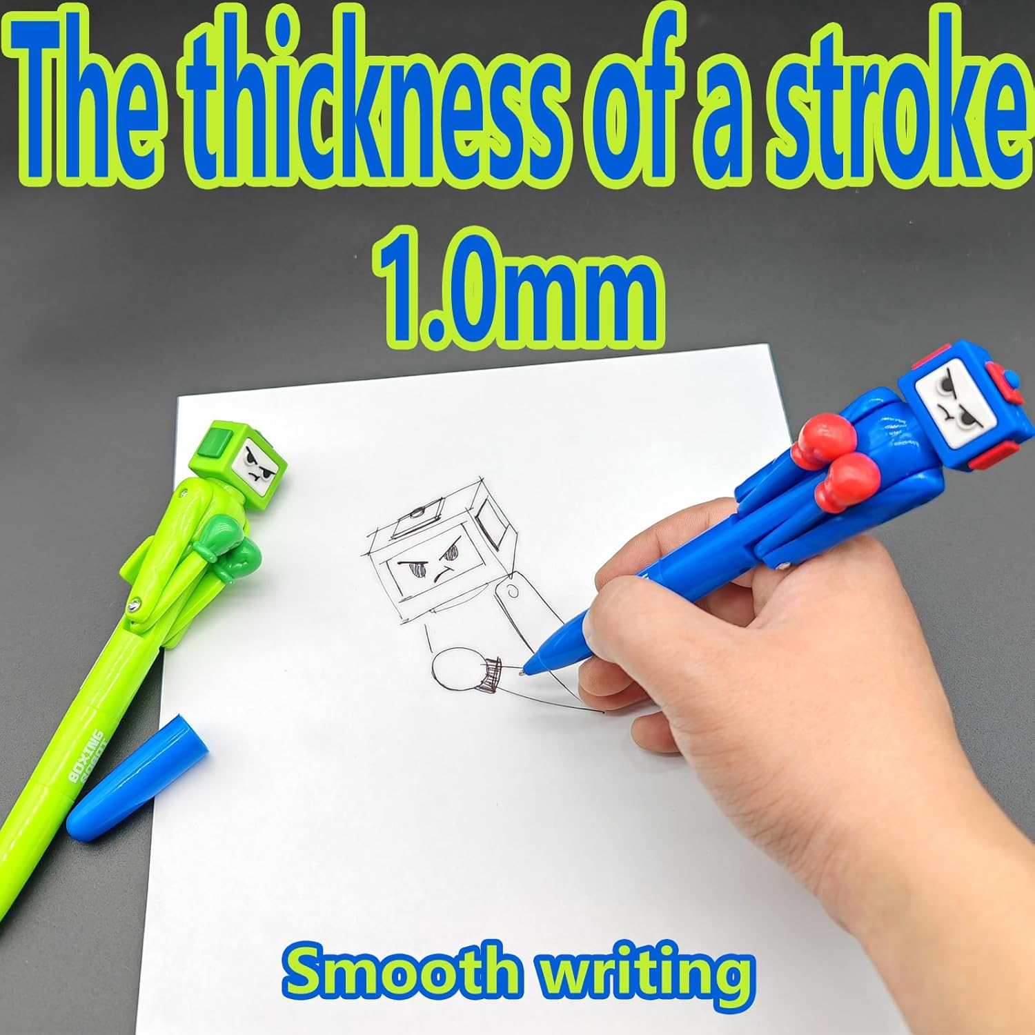Boxing Pen Robot - （2PCS） with Punching Arm and Crisp Button Sound - Funny and Cool Novelty Pen - Boxing Gifts - Blue/Green Colors - 1.0Mm Smooth Writing image number 4