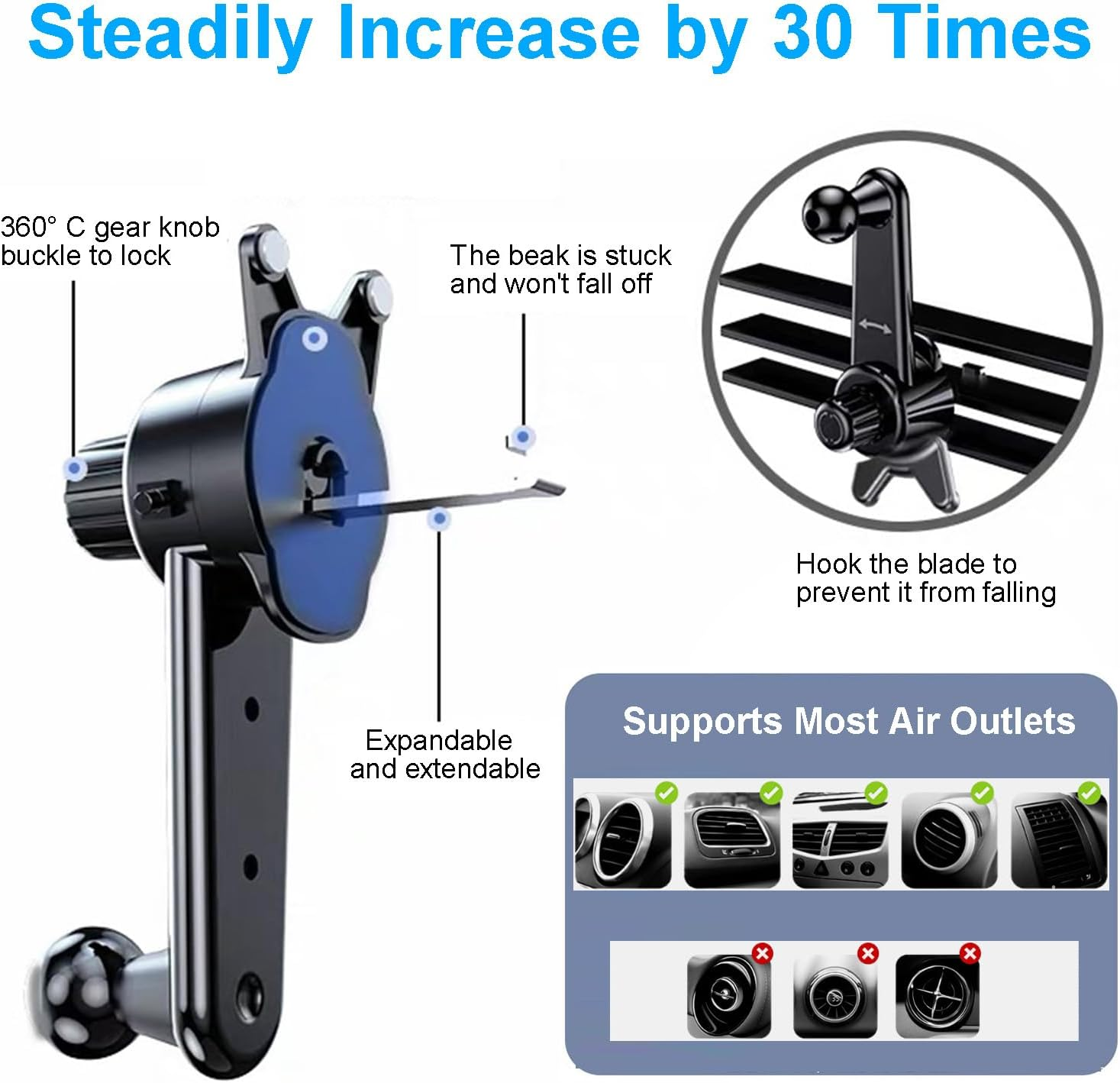 Car Phone Holder Mount with Newest Metal Hook Clip 360&deg; Rotation Six-Point Gravity Air Vent Cell Phone Car Mount Hands Free Universal Automobile Cradle Fit for 4.0-6.5 Inches Phones