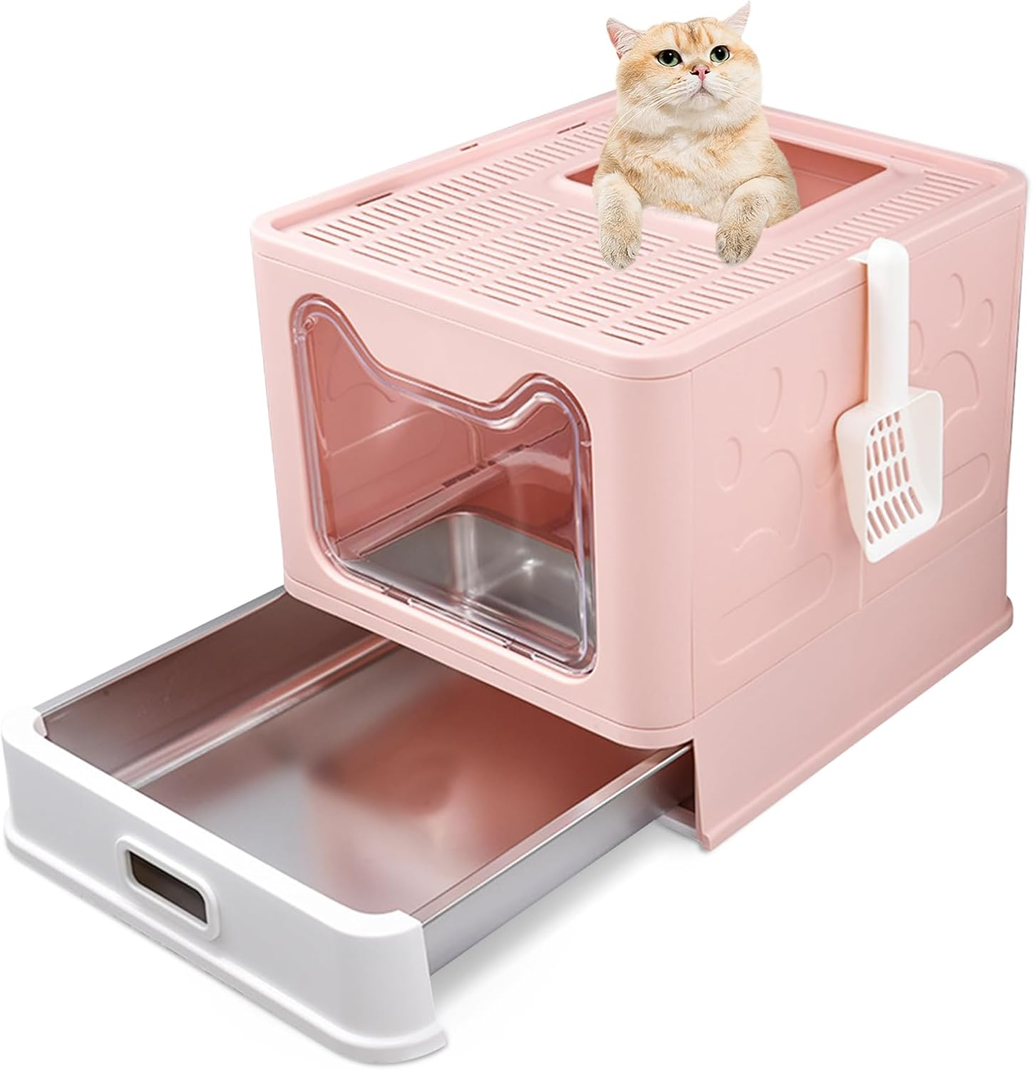 Stainless Steel Enclosed Cat Litter Box with Lid, Foldable Metal Enclosed XL Top Entry Kitty Litter Pan Tray with Scoop,Easy to Clean(Pink) image number 6