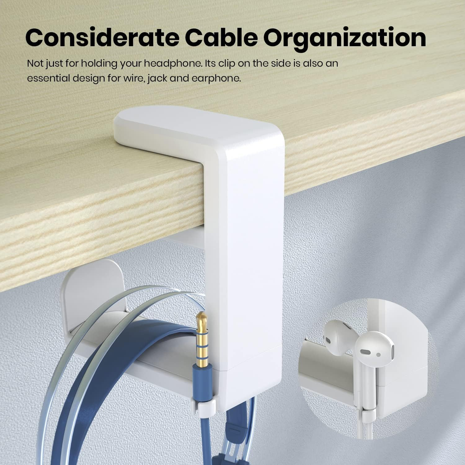 Headphones Stand, Hook Holder Hanger Mount with Adjustable and Rotating Arm Clamp, Universal Fit under Desk Design, Built in Cable Clip Organizer for Office/E-Sports Room