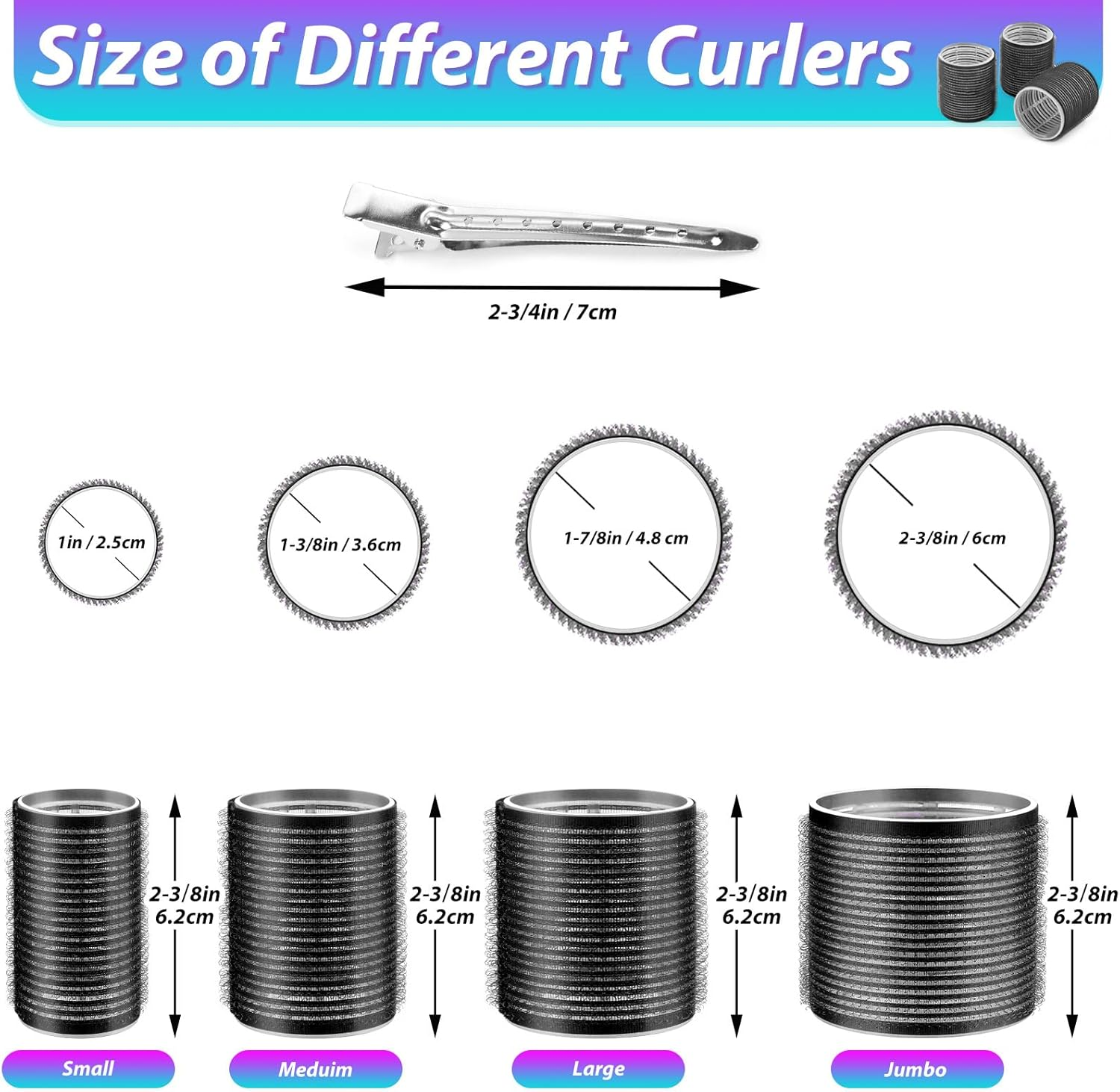 Shynek Rollers Hair Curlers 48 Pcs Set with 24Pcs Hair Rollers 4 Sizes (6 Jumbo Rollers/6 Large Rollers/6 Medium Rollers/6 Small Rollers) and 24 Pcs Hair Clips for Long Medium Short Hair (Black) - Purple image number 3