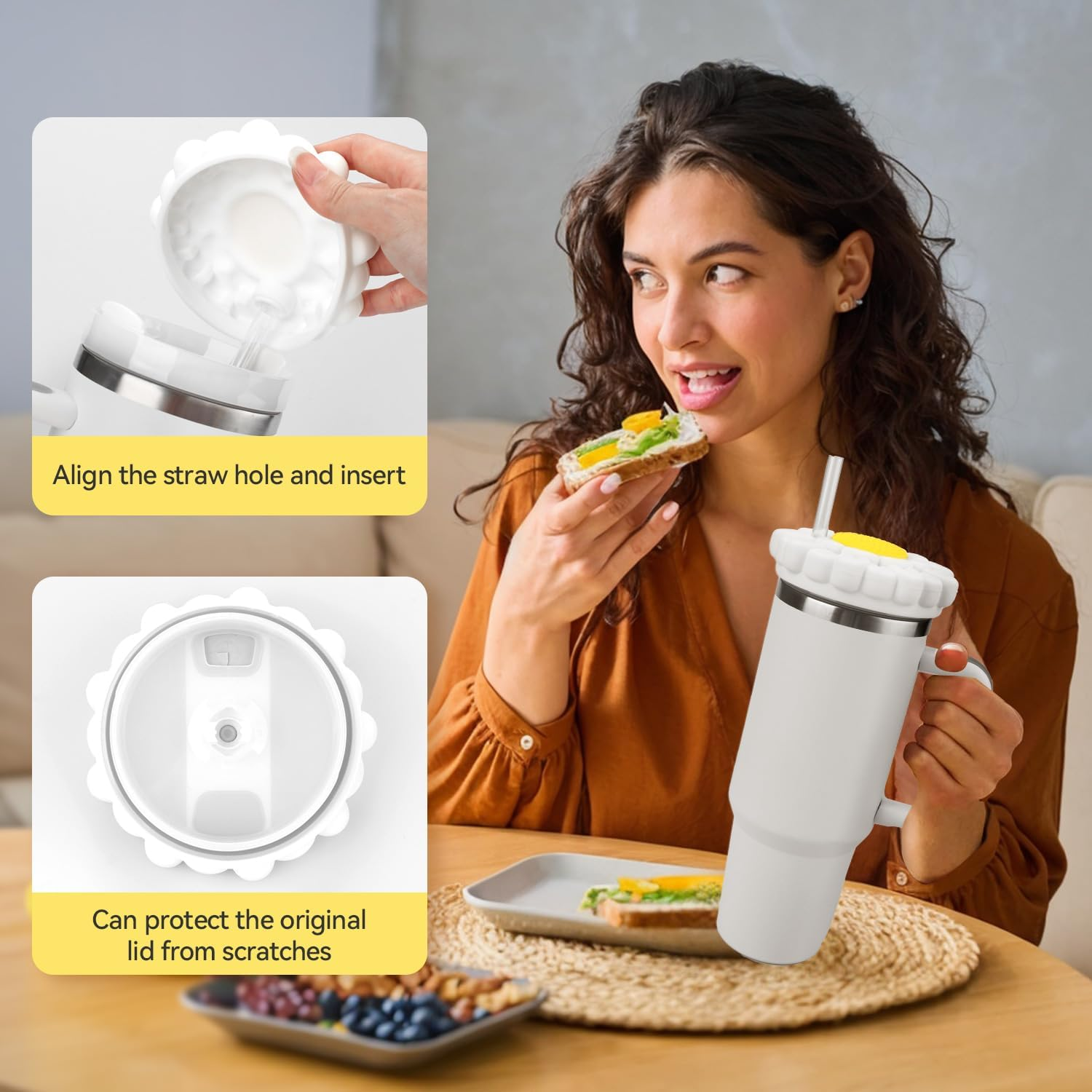 Dustproof Lid for Stanley 40Oz Tumbler with Handle - Flower Silicone Dust Cover, Anti-Scratch Accessory (White)