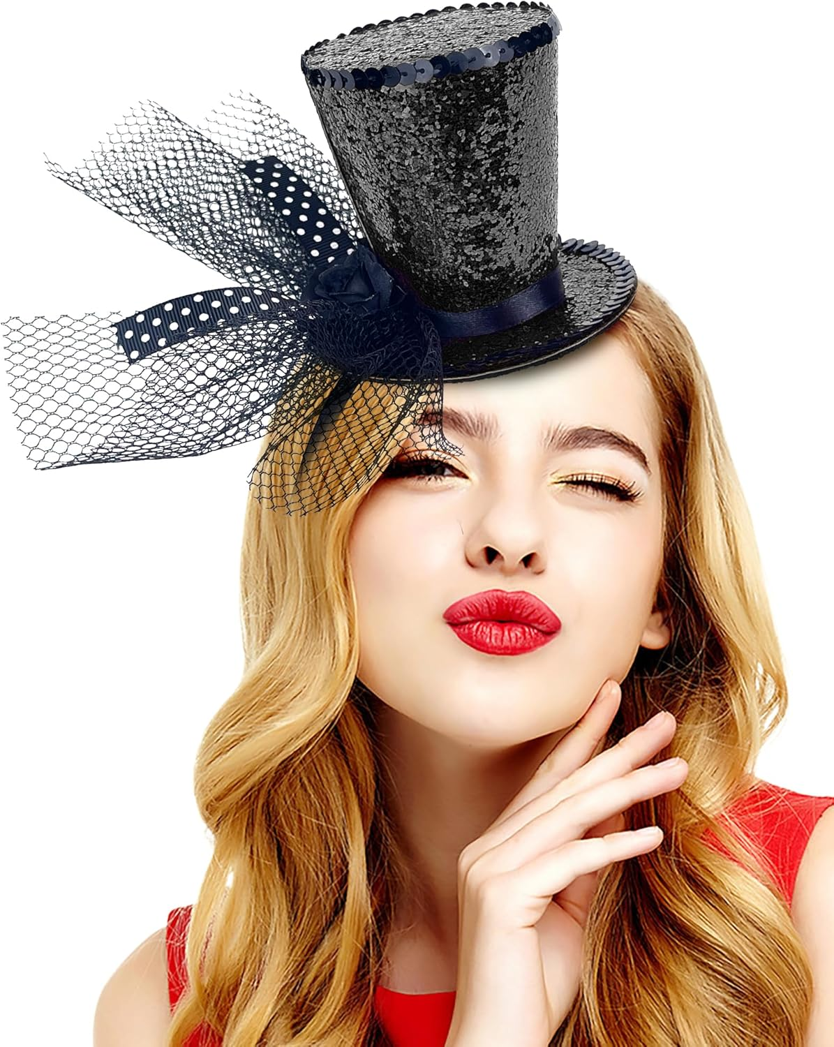 Mini Top Hat Headband Fascinator Tea Party Headpiece for Women Lady Gril 1920S Gatsby Party Costume Accessory - A-Black image number 6