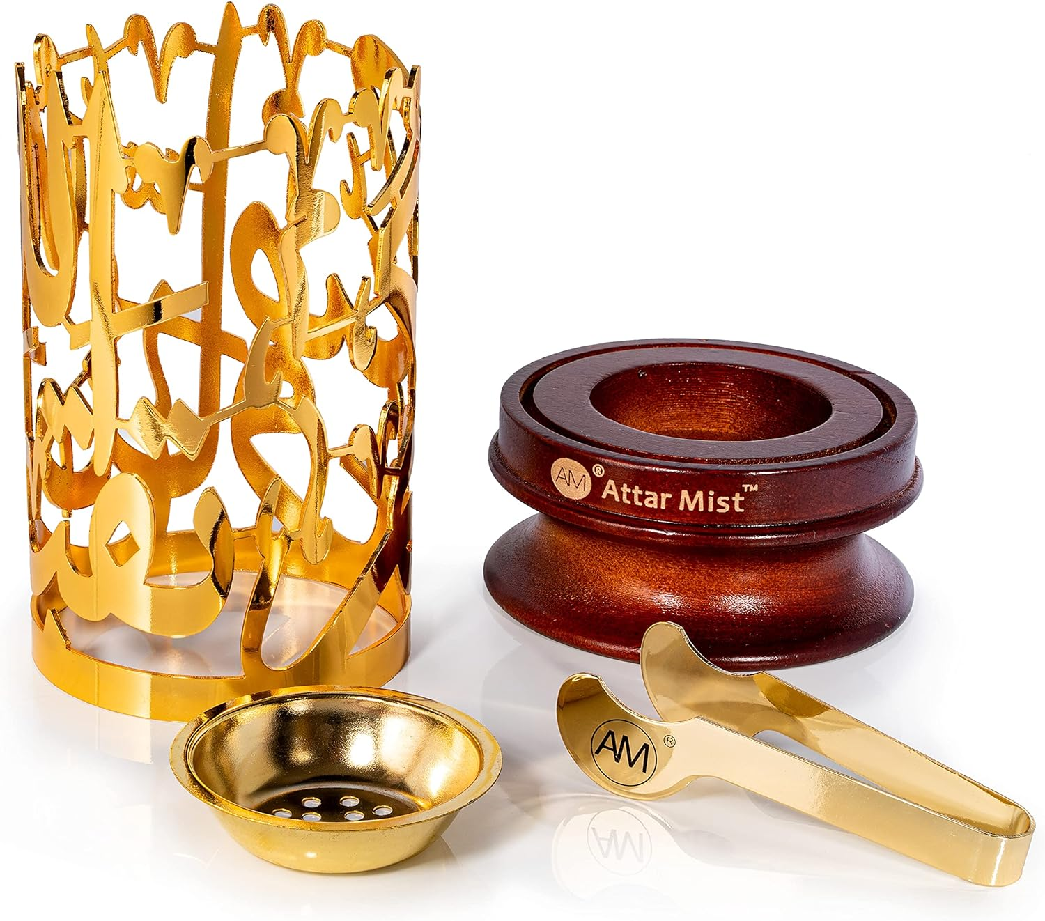 AM Bakhoor Calligraphy Incense Burner - Metalic Resin Cone Holder | Wooden Base | Frankincense Charcoal Burner (Mabkhara) | Spiritual Gifts for Office & Home Decor (Gold) image number 6
