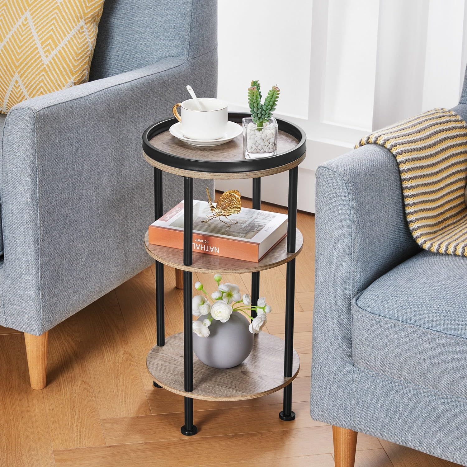 Side Table, 3 Tiers, round Night Table, Width 11.8 X Depth 11.8 X Height 21.7 Inches (30 X 30 X 55 Cm), Living Side Table, Bedside Table, Mini Table, Folding Side Table, Wood Grain Table, image number 3