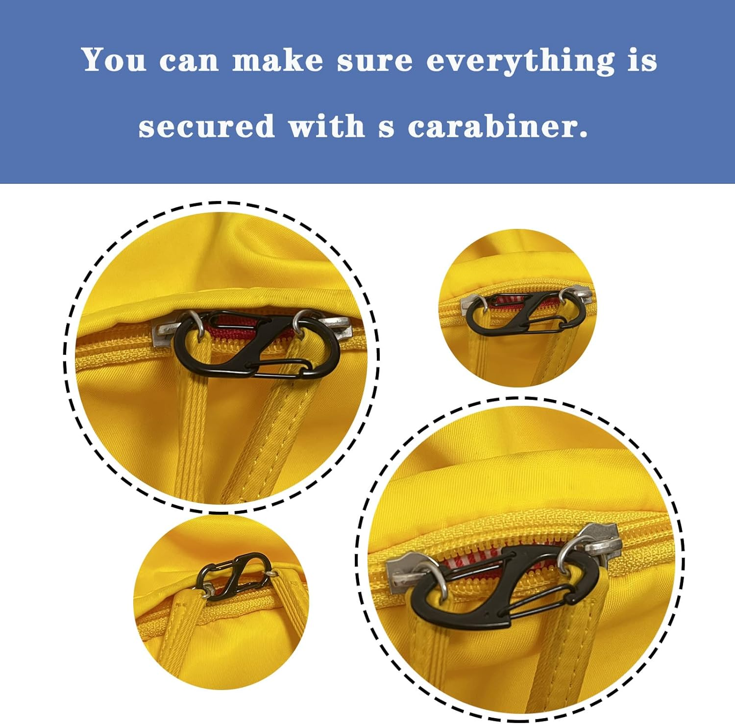 S Carabiner,Black Double Sided S Biner Keychain 6 Pieces Stainless Zipper Clips anti Theft for Keys Backpacks image number 5