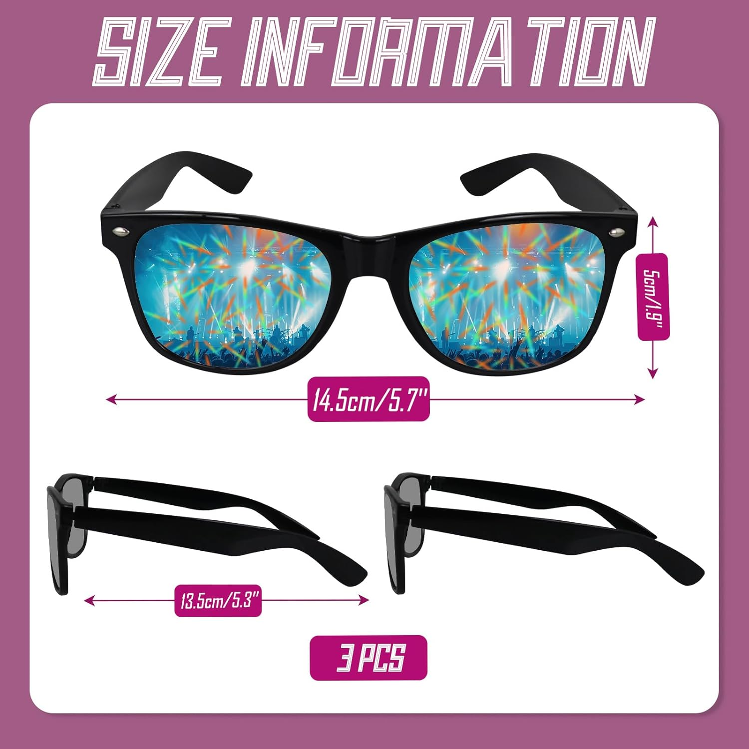 3Pcs Diffraction Glasses, 3D Heart Star Firework Rave Glasses, Party Sunglasses for Fancy Dress Music Concert Club Party Accessories image number 2