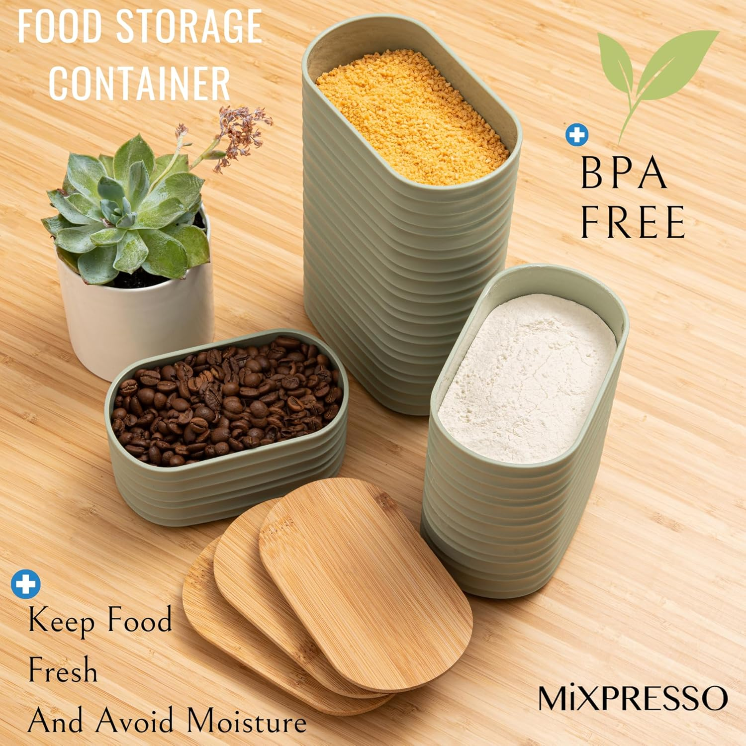 Mixpresso Olive Green Canisters Sets for the Kitchen &ndash; 3-Piece Airtight Plastic Sugar Container Set with Bamboo Lids in Three Different Sizes &ndash; Decorative Modern Storage Jars for Coffee &Tea image number 3