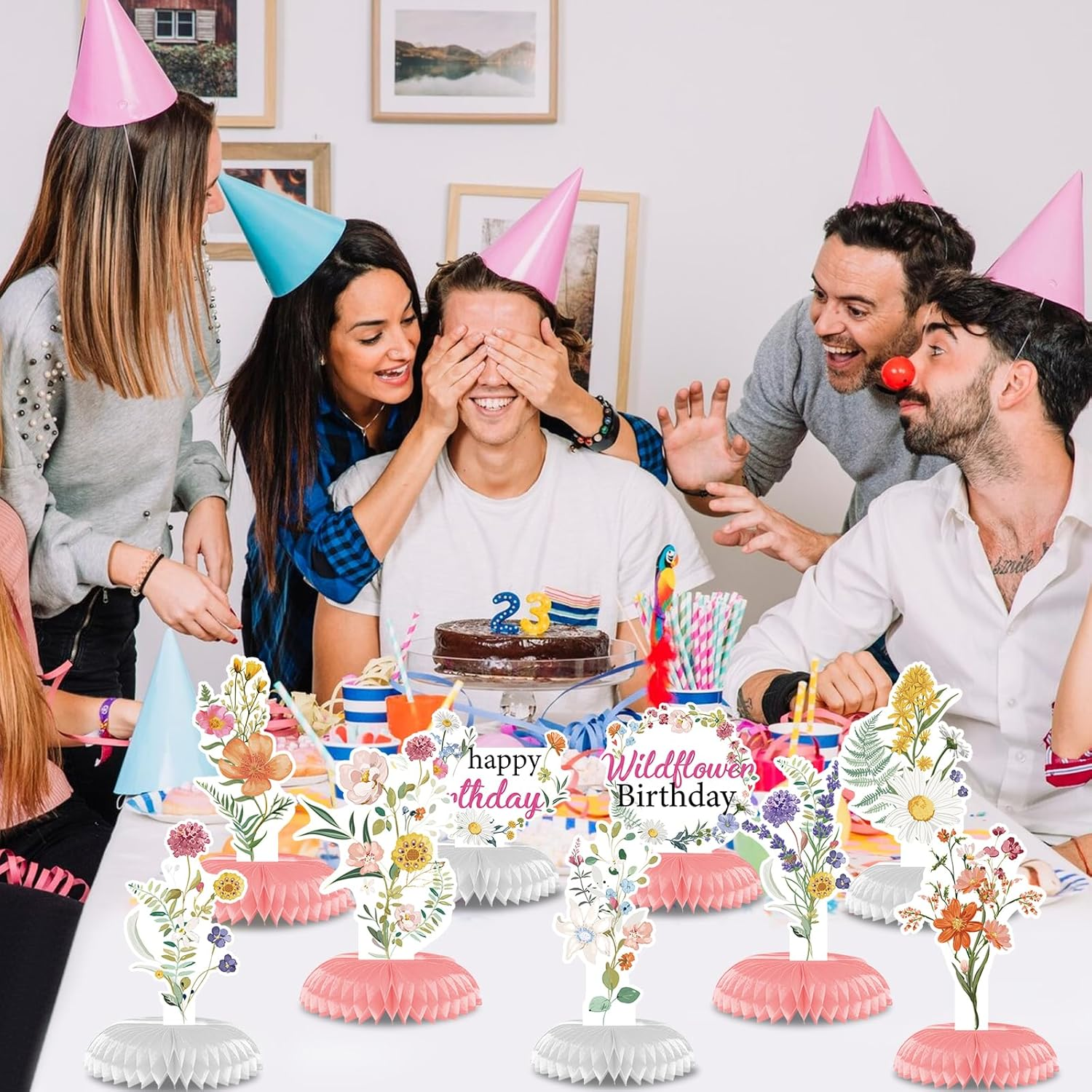 Flower Birthday Table Decorations - 9PCS Wildflower Birthday Party Decorations Spring Birthday Party Table Decor Supplies Floral Birthday Party Honeycomb Centerpiece Decorations for Girls Women image number 1