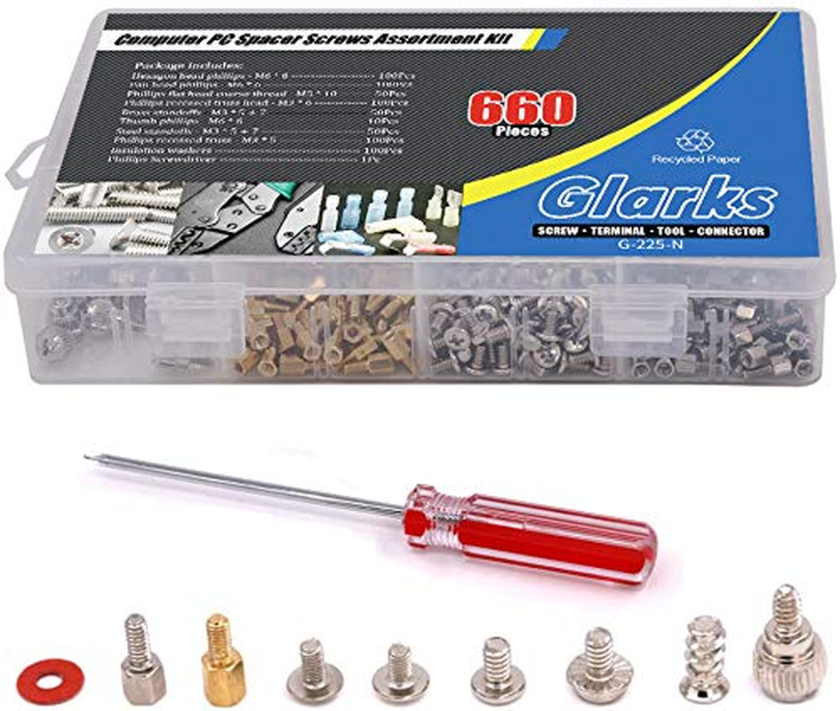 Glarks 660-Pieces Phillips Head Computer PC Spacer Screws Assortment Kit for Hard Drive Computer Case Motherboard Fan Power Graphics (Extra: Phillips Screwdriver)