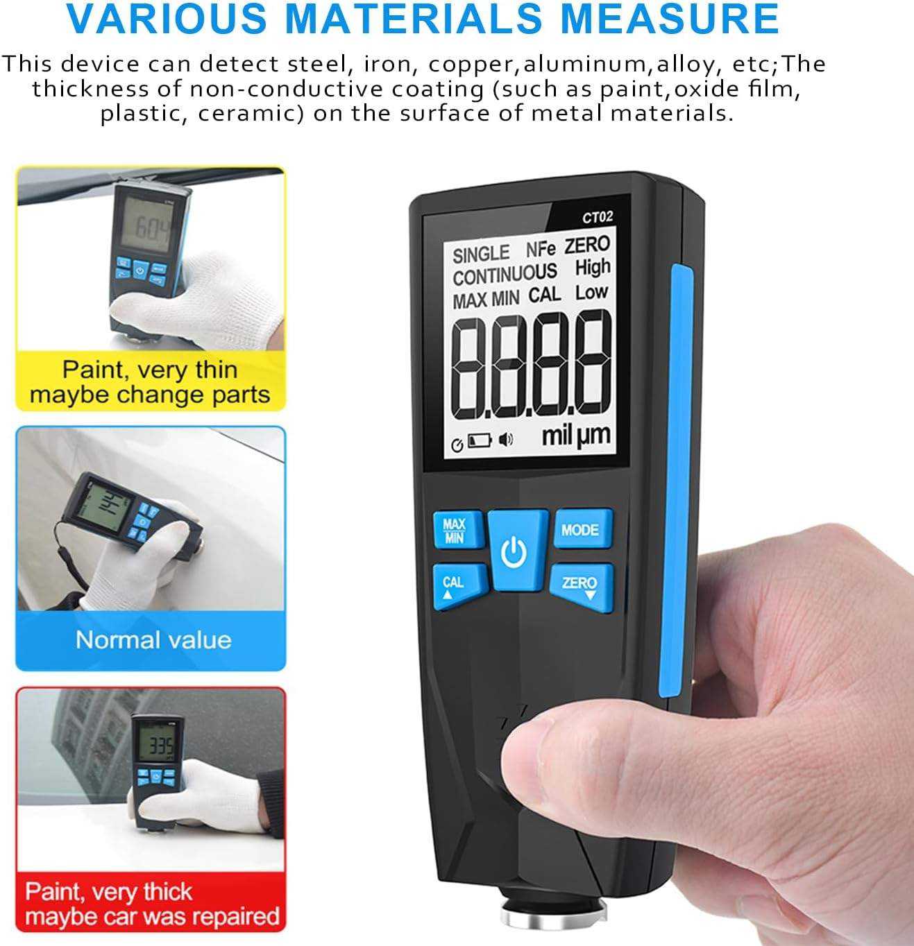 Car Paint Thickness Gauge, Automotive Coating Thickness Gauge Tester, Paint Mil Thickness Meter with Backlit LCD, Auto Digital Calibration, Data Hold, MAX/MIN, Fe/Nfe Automatic Detection, 0~1500Um image number 2