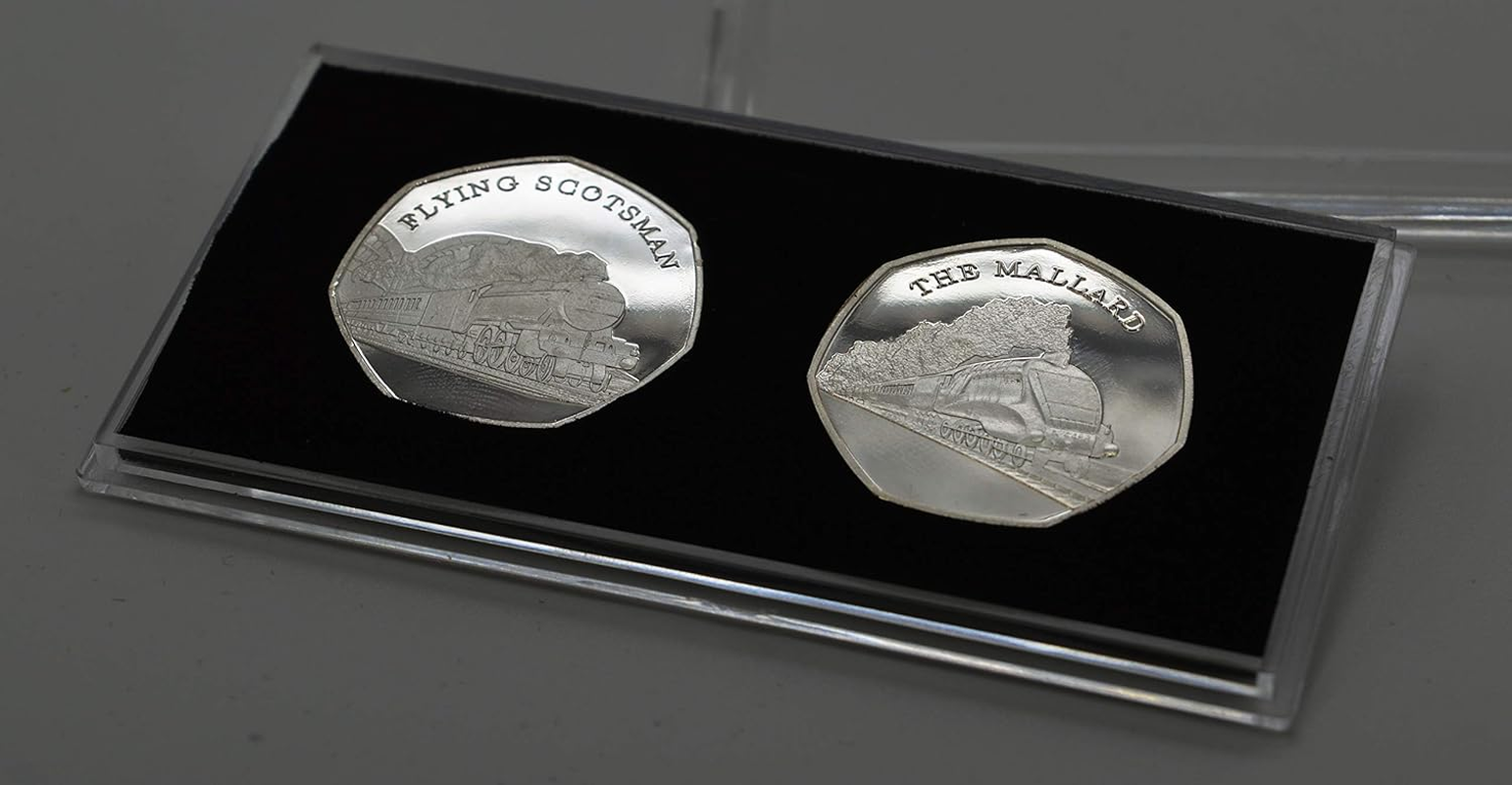 The Commemorative Coin Company - the Flying Scotsman & the Mallard Fine Silver Commemoratives in 50P Coin Display Case. Steam Railway Engines/Locomotive/Train image number 1