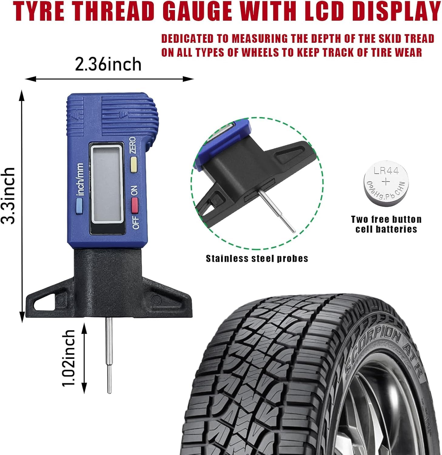 Tire Tread Depth Gauge, LCD Digital Tire Wear Gauge Tread Checker with Inch and MM Conversion Tread Checker Tire Tester for Cars Motorcycle Trucks Vans SUV (Blue) image number 4