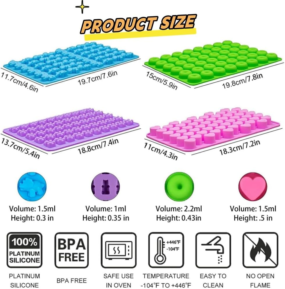 Gummy Bear Candy Molds Silicone, 4 Pack Gummy Molds with 2 Droppers, Chocolate Molds, Non-Stick Silicone Candy Molds Including Bear Shape and Mini Donut for Jelly (Blue,Purple,Green, Pink)