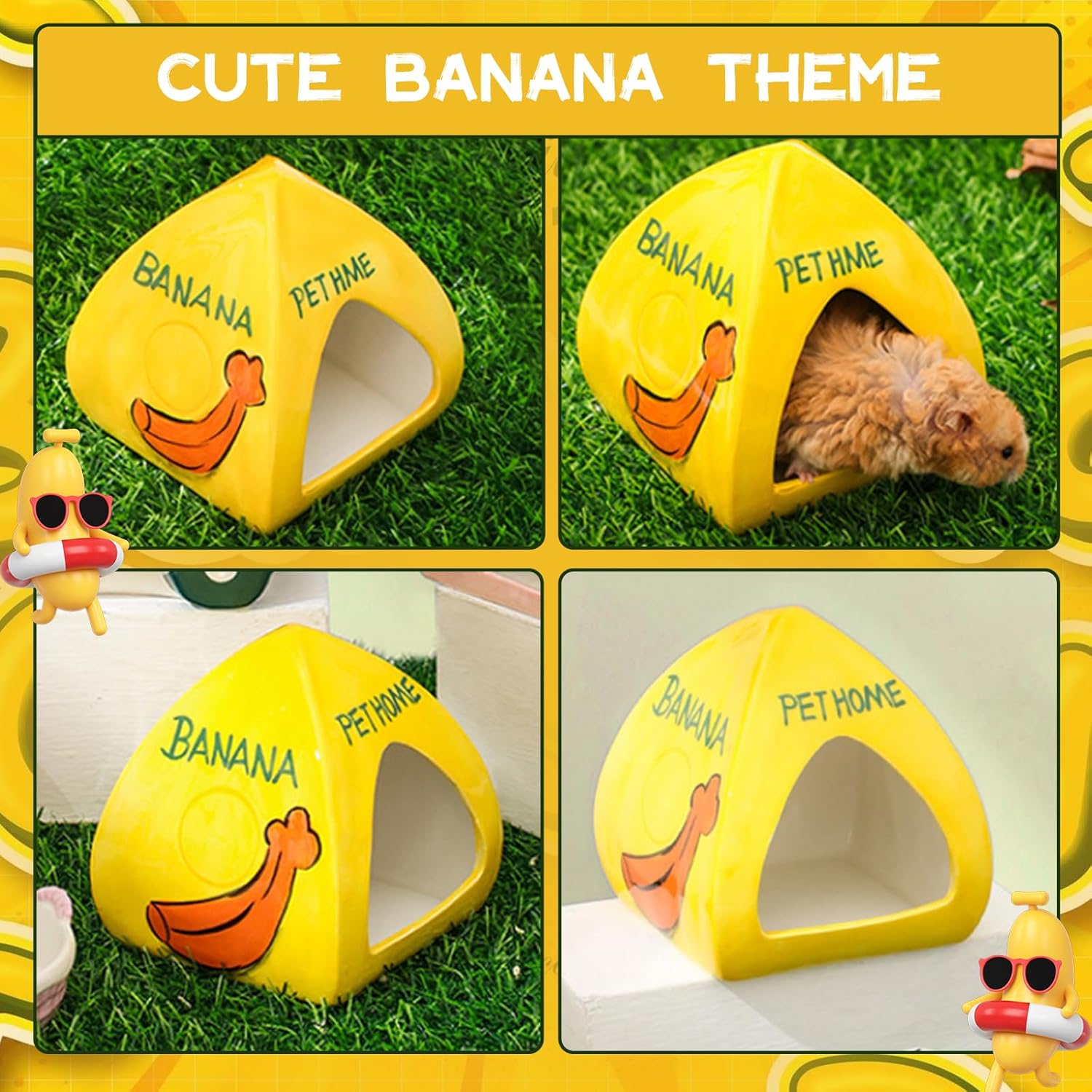 SUSOO Large Ceramic Hamster Hideout with Cute Banana Design, Four Seasons Universal Hamster House for Small Animals, Easy to Clean Guinea Pig Hide Bed for Hamster Cage Accessories and Dwarf Toys